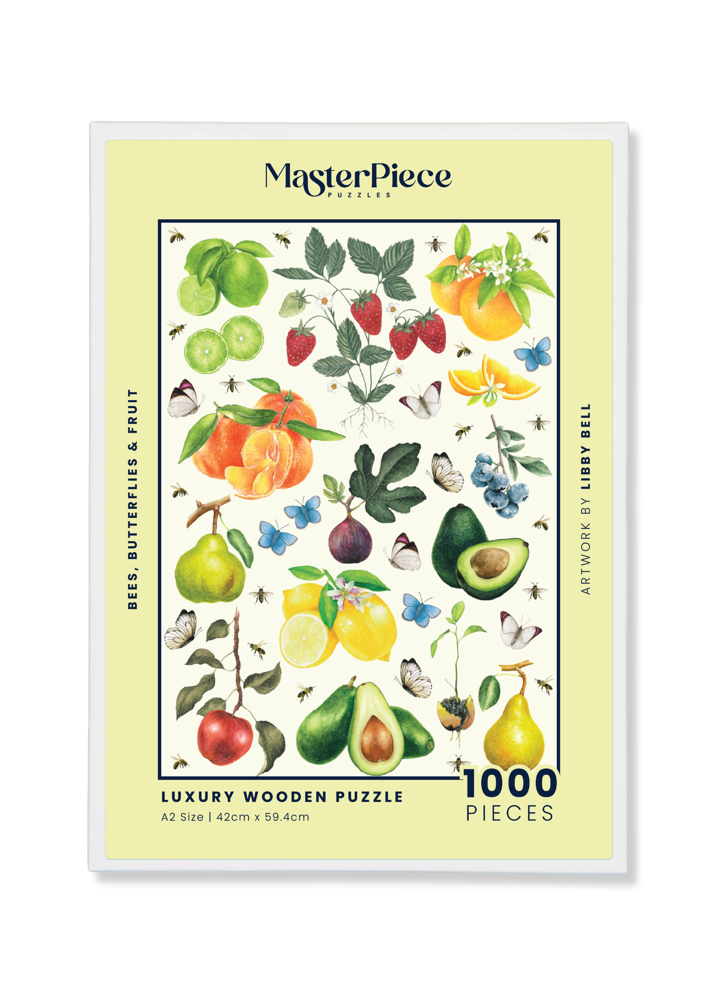 A premium wooden jigsaw puzzle of a watercolour artwork of ripe fruits, buzzing bees and fluttering butterflies, painted by Libby Bell. They are perfect for art lovers, garden admirers and anyone looking for a thoughtful gift.