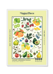 A premium wooden jigsaw puzzle of a watercolour artwork of ripe fruits, buzzing bees and fluttering butterflies, painted by Libby Bell. They are perfect for art lovers, garden admirers and anyone looking for a thoughtful gift.