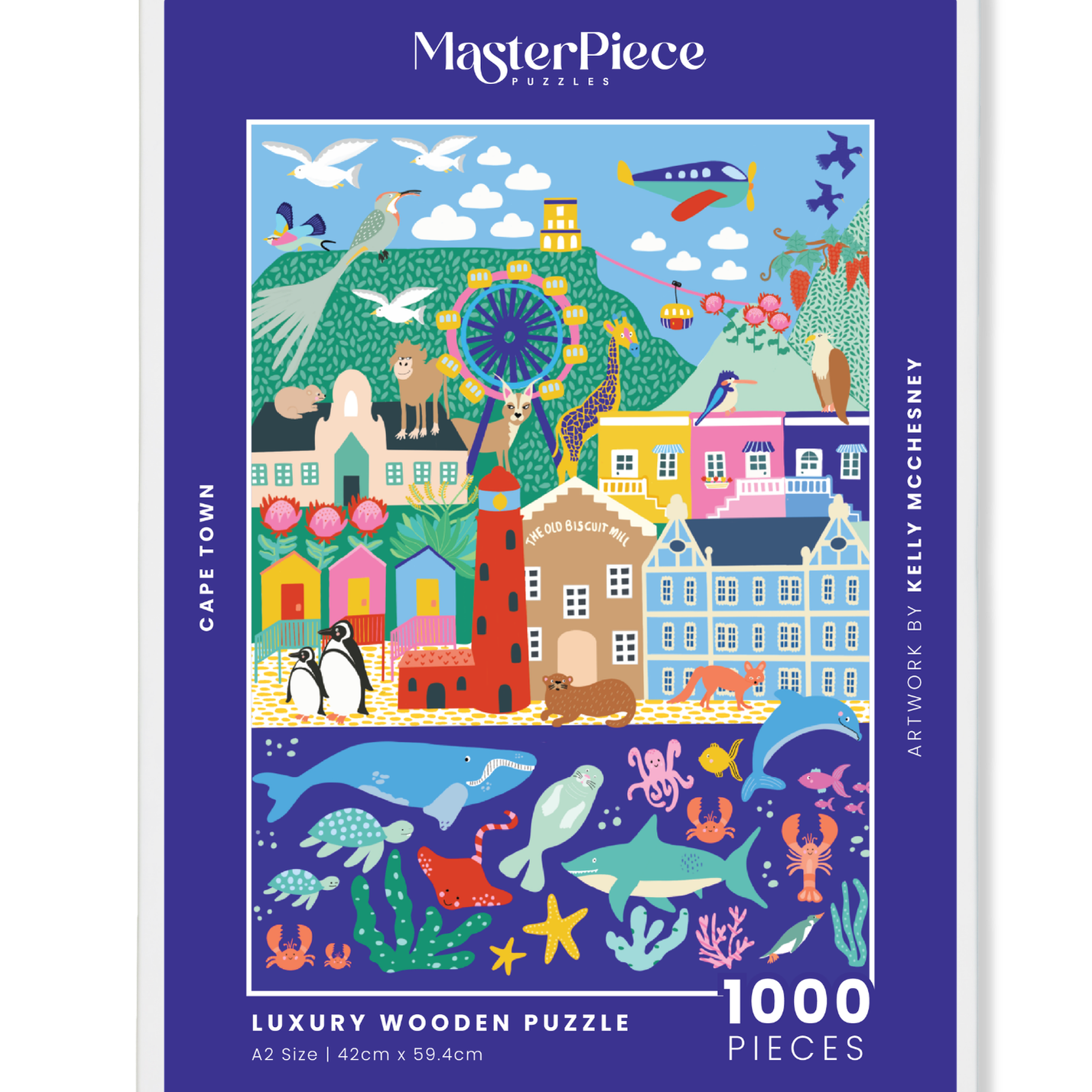 Cape Town is wooden jigsaw that features some of the most iconic landmarks of South Africa's mother city, created in Kelly McChesney's typically fun style with her signature blue which makes an appearance in all of her designs! Precision-cut from 3mm thick wood and expertly printed, our MasterPiece puzzles offer a tactile and satisfying puzzling experience like no other. They are perfect for art lovers, proud South Africans, tourists and anyone looking for a thoughtful gift.
