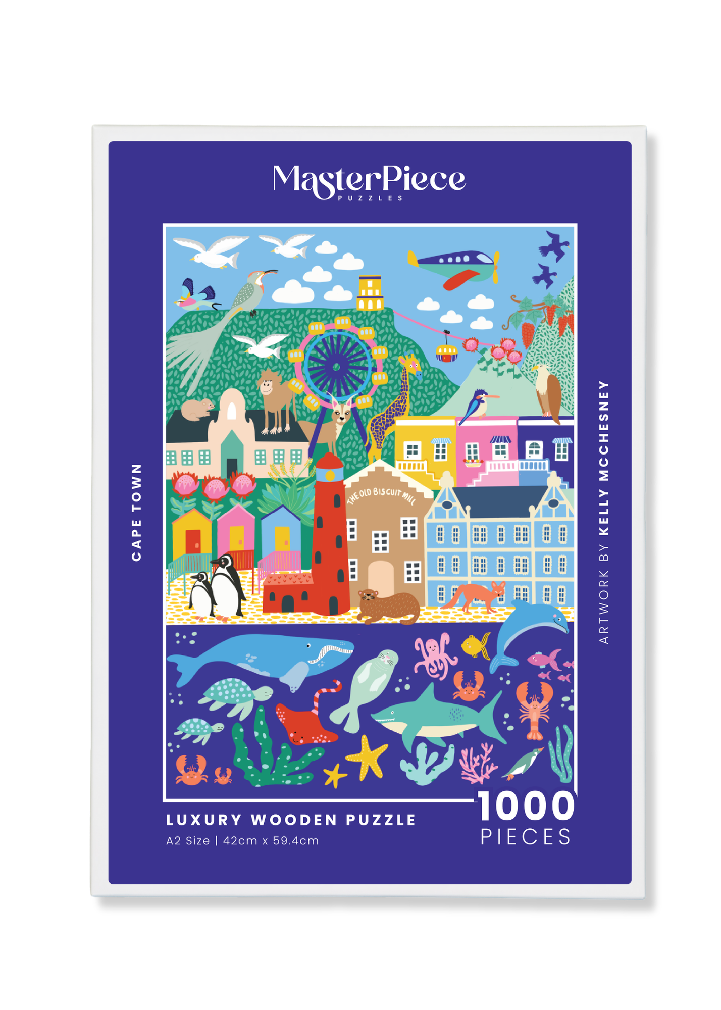 Cape Town is wooden jigsaw that features some of the most iconic landmarks of South Africa's mother city, created in Kelly McChesney's typically fun style with her signature blue which makes an appearance in all of her designs! Precision-cut from 3mm thick wood and expertly printed, our MasterPiece puzzles offer a tactile and satisfying puzzling experience like no other. They are perfect for art lovers, proud South Africans, tourists and anyone looking for a thoughtful gift.