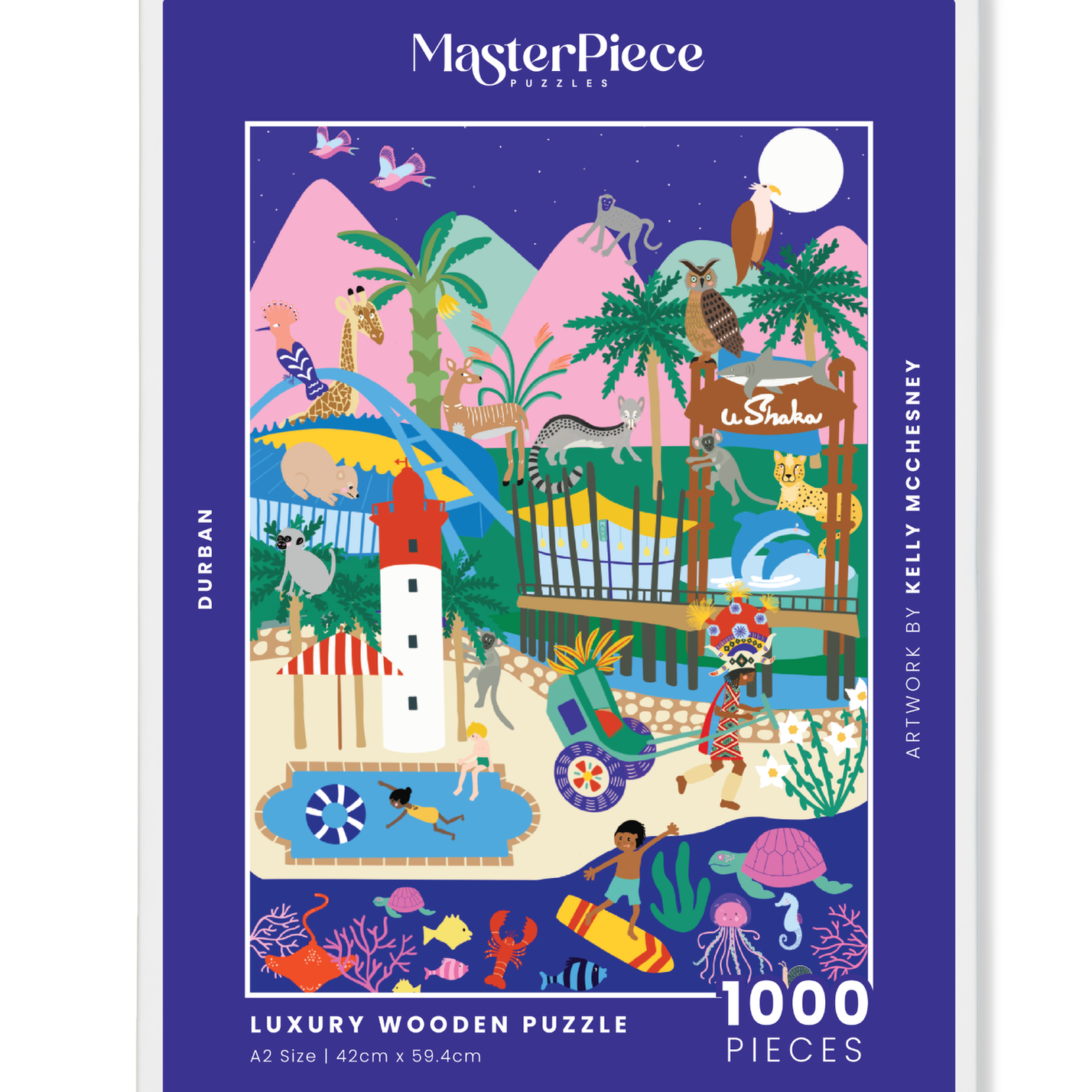 Durban is a MasterPiece wooden jigsaw puzzle that features the iconic landmarks of Durbs. Perfect for adding a touch of South African charm.
Precision-cut from 3mm thick wood and expertly printed, our MasterPiece puzzles offer a tactile and satisfying puzzling experience like no other. They are perfect for art lovers, proud South Africans, tourists and anyone looking for a thoughtful gift. 