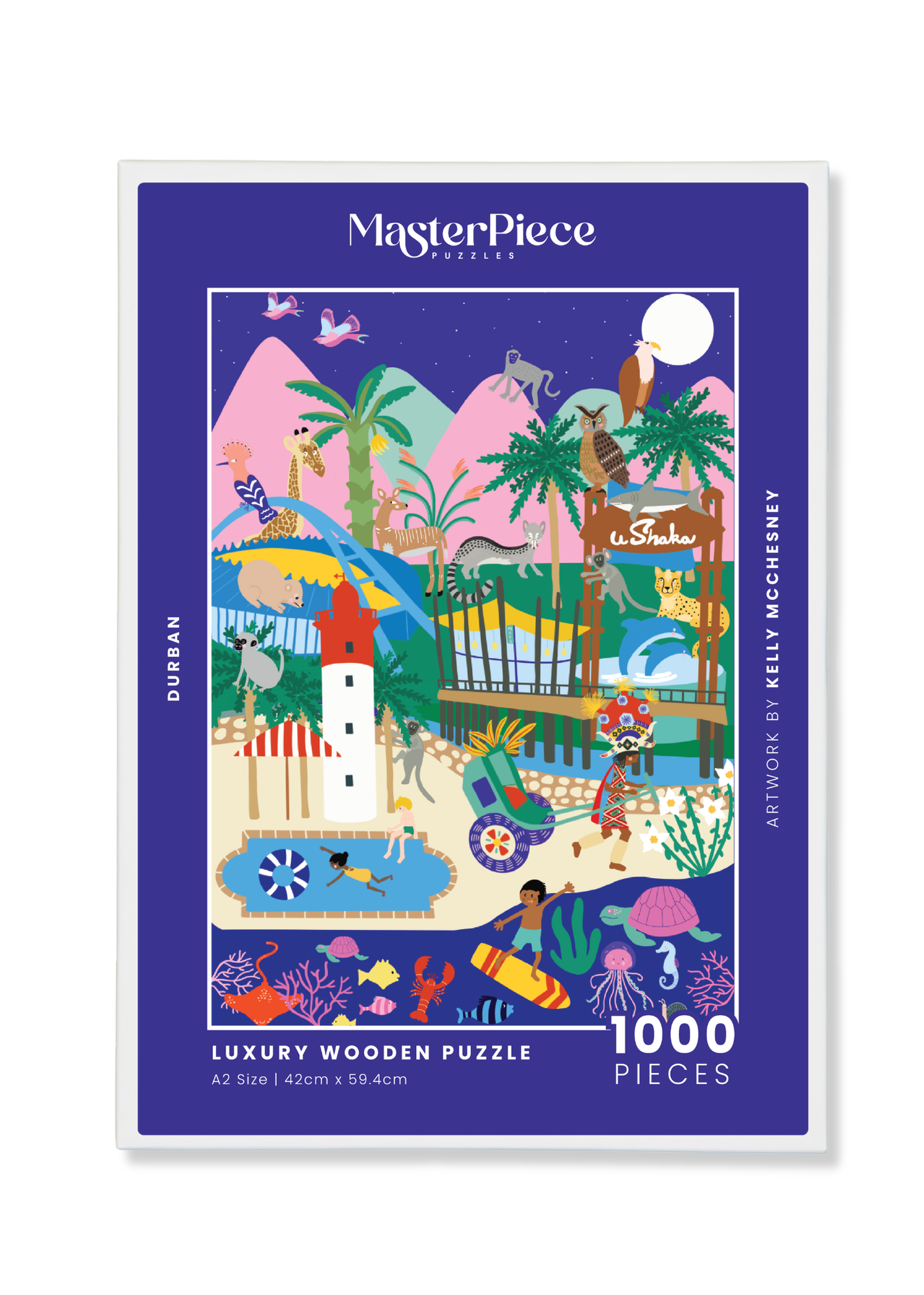 Durban is a MasterPiece wooden jigsaw puzzle that features the iconic landmarks of Durbs. Perfect for adding a touch of South African charm.
Precision-cut from 3mm thick wood and expertly printed, our MasterPiece puzzles offer a tactile and satisfying puzzling experience like no other. They are perfect for art lovers, proud South Africans, tourists and anyone looking for a thoughtful gift. 