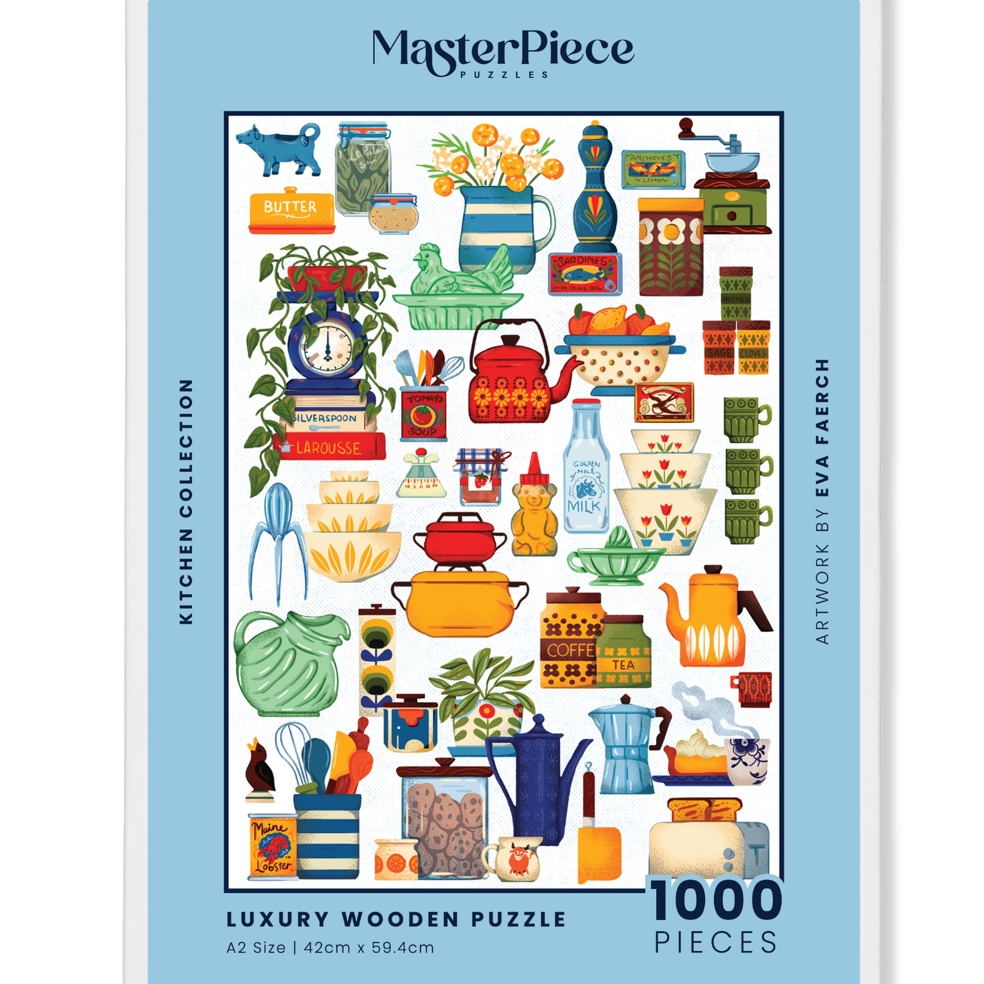 Kitchen Collection is a MasterPiece wooden jigsaw puzzle features a colourful array of vintage kitchenalia that we all remember. Building this puzzle feels like you're rummaging through a well-used cupboard in an eclectic kitchen of the past. Precision-cut from 3mm wood and expertly printed, our MasterPiece puzzles offer a tactile and satisfying puzzling experience like no other. This puzzle is perfect for art lovers, proud South Africans and anyone looking for a thoughtful gift.