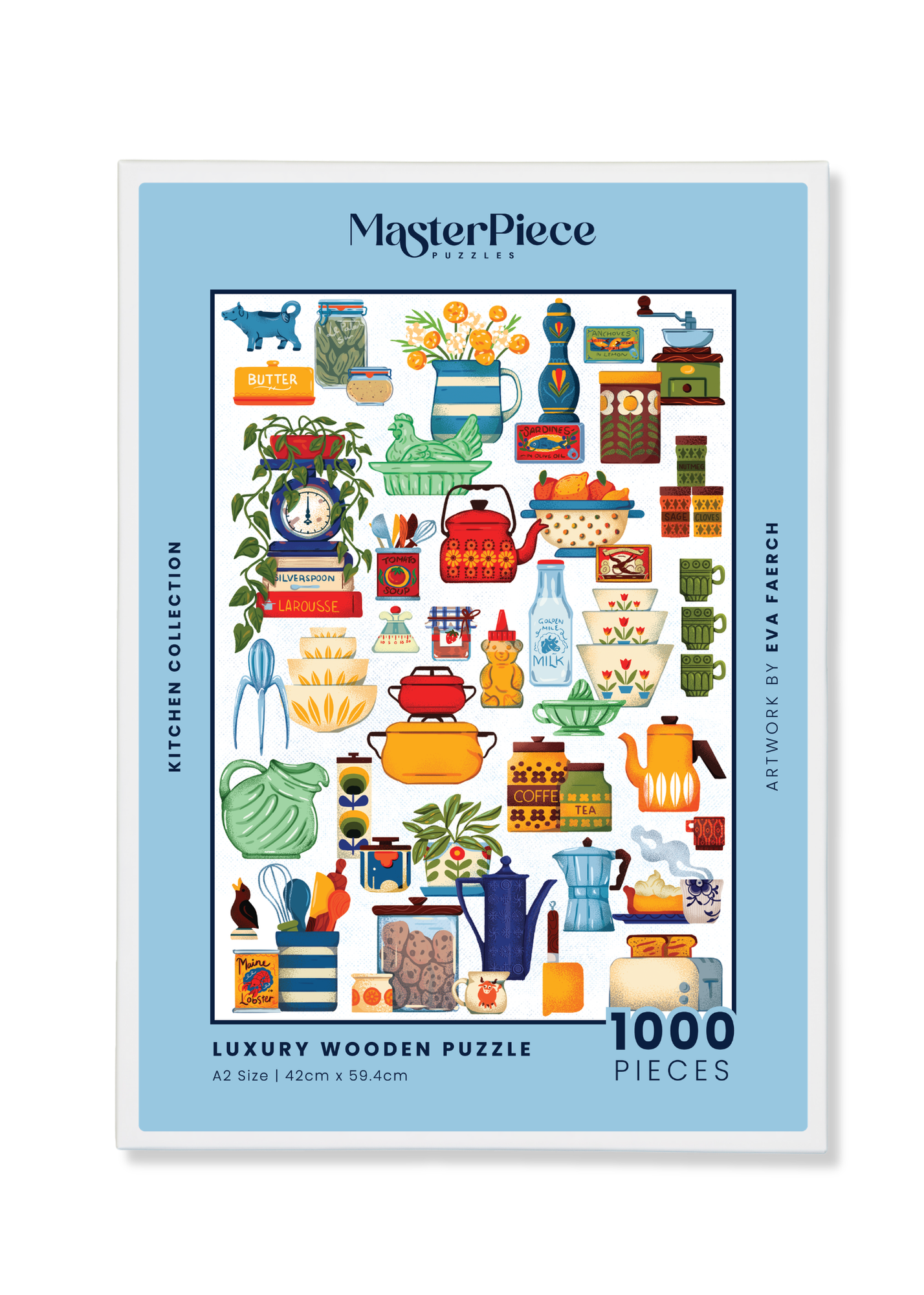 Kitchen Collection is a MasterPiece wooden jigsaw puzzle features a colourful array of vintage kitchenalia that we all remember. Building this puzzle feels like you're rummaging through a well-used cupboard in an eclectic kitchen of the past. Precision-cut from 3mm wood and expertly printed, our MasterPiece puzzles offer a tactile and satisfying puzzling experience like no other. This puzzle is perfect for art lovers, proud South Africans and anyone looking for a thoughtful gift.