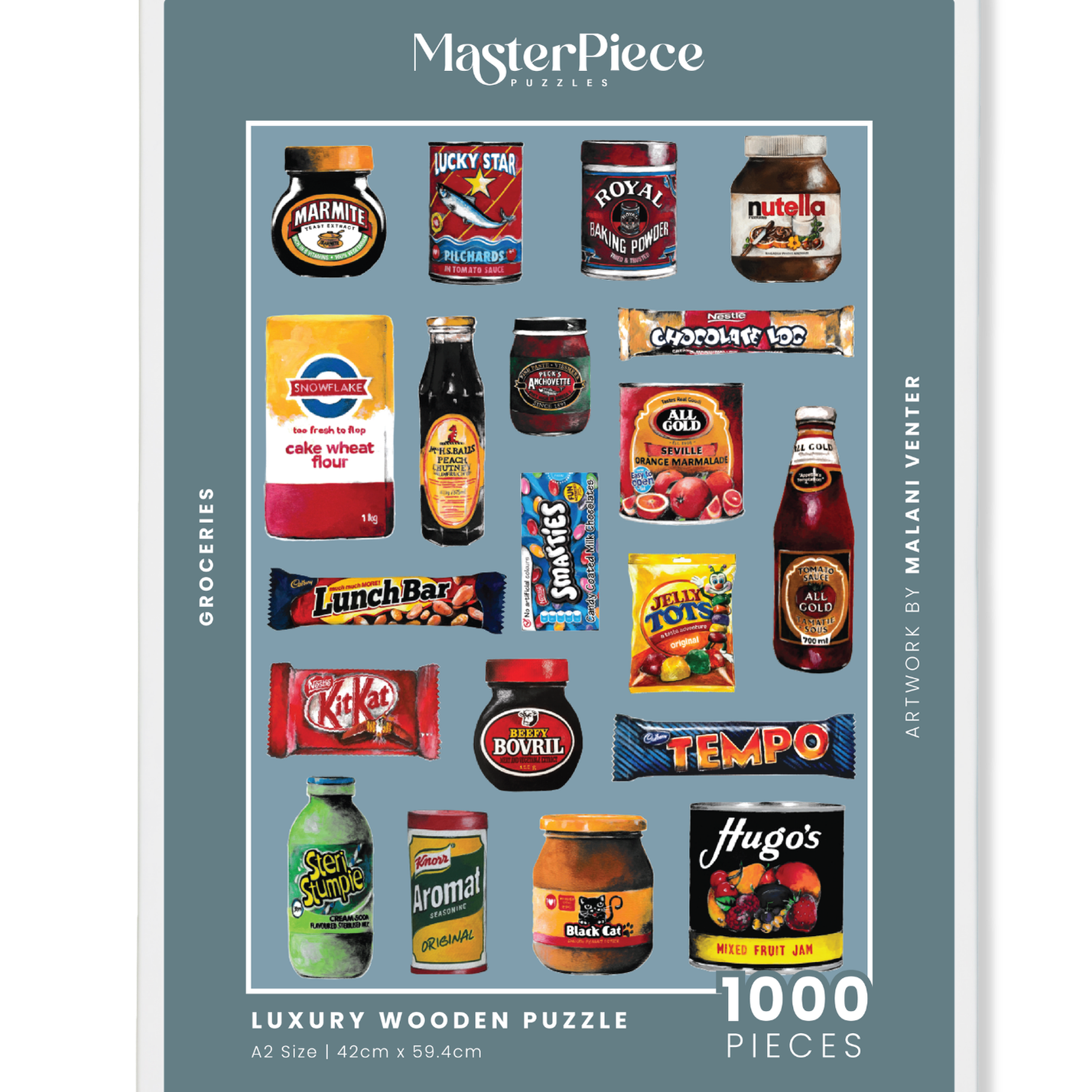 Groceries is a MasterPiece wooden jigsaw puzzle that features a lively acrylic artwork of a colourful array of beloved South African foods, from snacks to staples. Precision-cut from 3mm thick wood and expertly printed, our MasterPiece puzzles offer a tactile and satisfying puzzling experience like no other. They are perfect for proud South Africans, puzzle enthusiasts and anyone looking for a thoughtful gift. 
