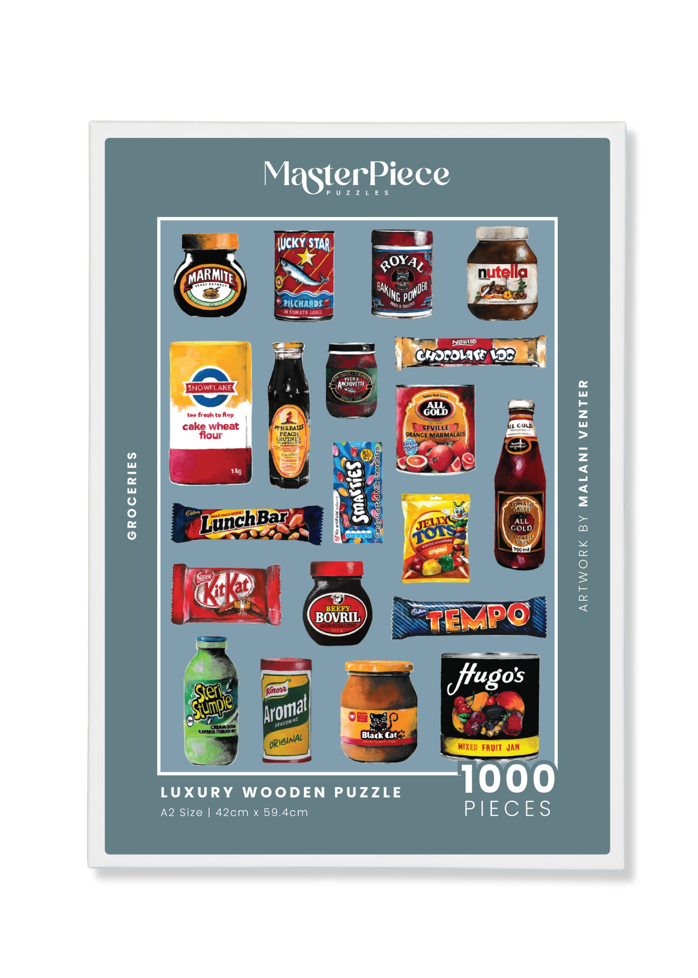 Groceries is a MasterPiece wooden jigsaw puzzle that features a lively acrylic artwork of a colourful array of beloved South African foods, from snacks to staples. Precision-cut from 3mm thick wood and expertly printed, our MasterPiece puzzles offer a tactile and satisfying puzzling experience like no other. They are perfect for proud South Africans, puzzle enthusiasts and anyone looking for a thoughtful gift. 