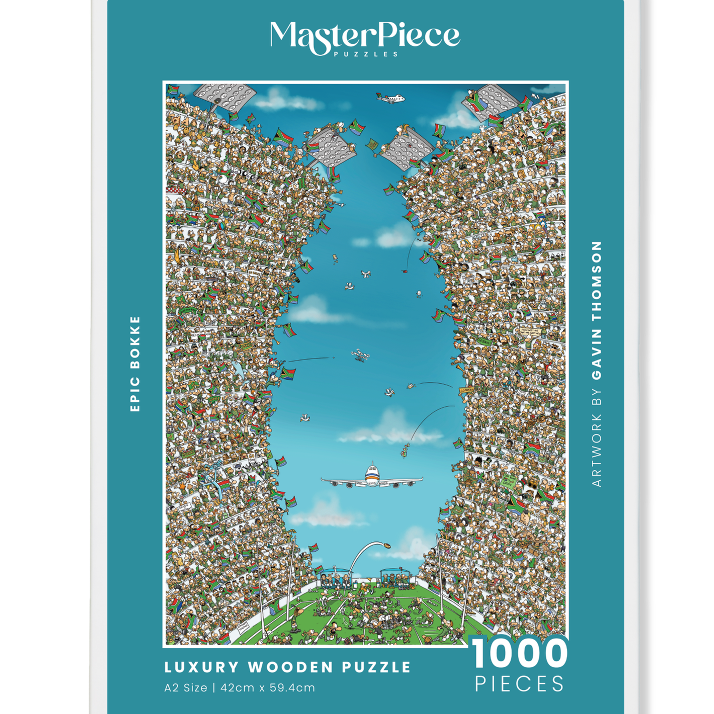 Epic Bokke is a MasterPiece wooden jigsaw puzzle that showcases a passionate crowd of of Springbok fans, along with the game taking place on the pitch. With every small detail, it's a challenging build, packed with colour and energy, but 100% worth the effort once complete. 