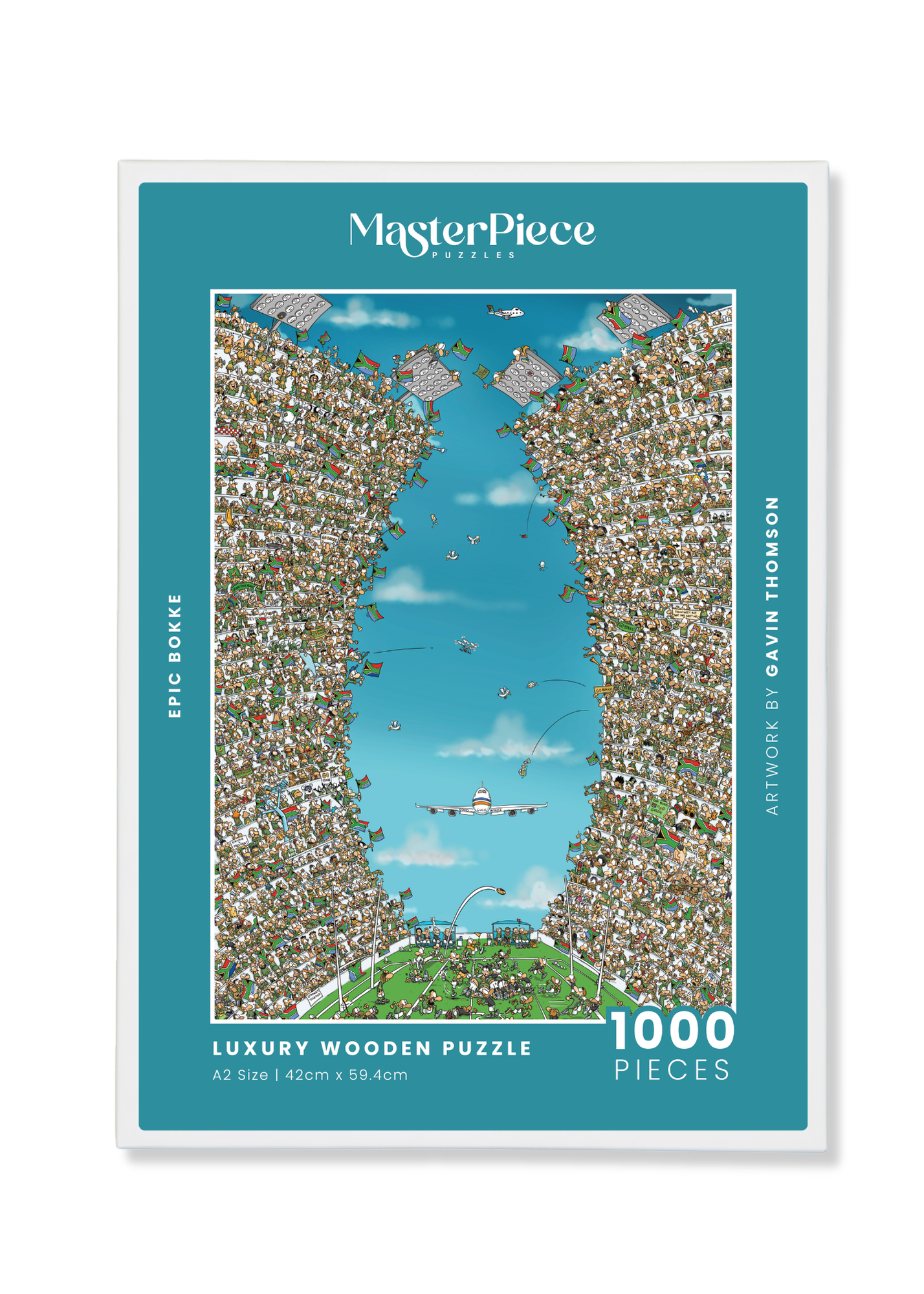 Epic Bokke is a MasterPiece wooden jigsaw puzzle that showcases a passionate crowd of of Springbok fans, along with the game taking place on the pitch. With every small detail, it's a challenging build, packed with colour and energy, but 100% worth the effort once complete. 