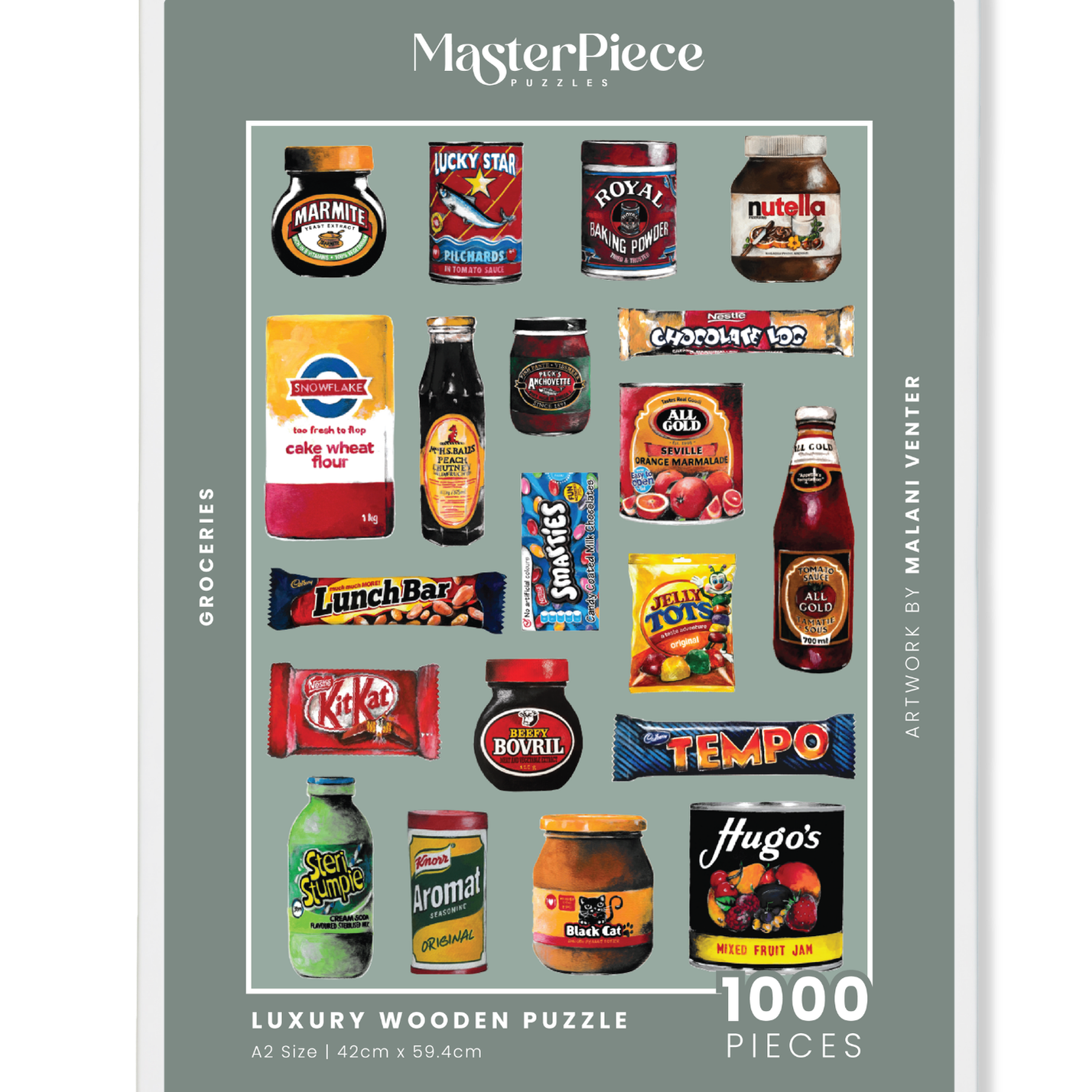 Groceries is a MasterPiece wooden jigsaw puzzle that features a lively acrylic artwork of a colourful array of beloved South African foods, from snacks to staples. Precision-cut from 3mm thick wood and expertly printed, our MasterPiece puzzles offer a tactile and satisfying puzzling experience like no other. They are perfect for proud South Africans, puzzle enthusiasts and anyone looking for a thoughtful gift. 