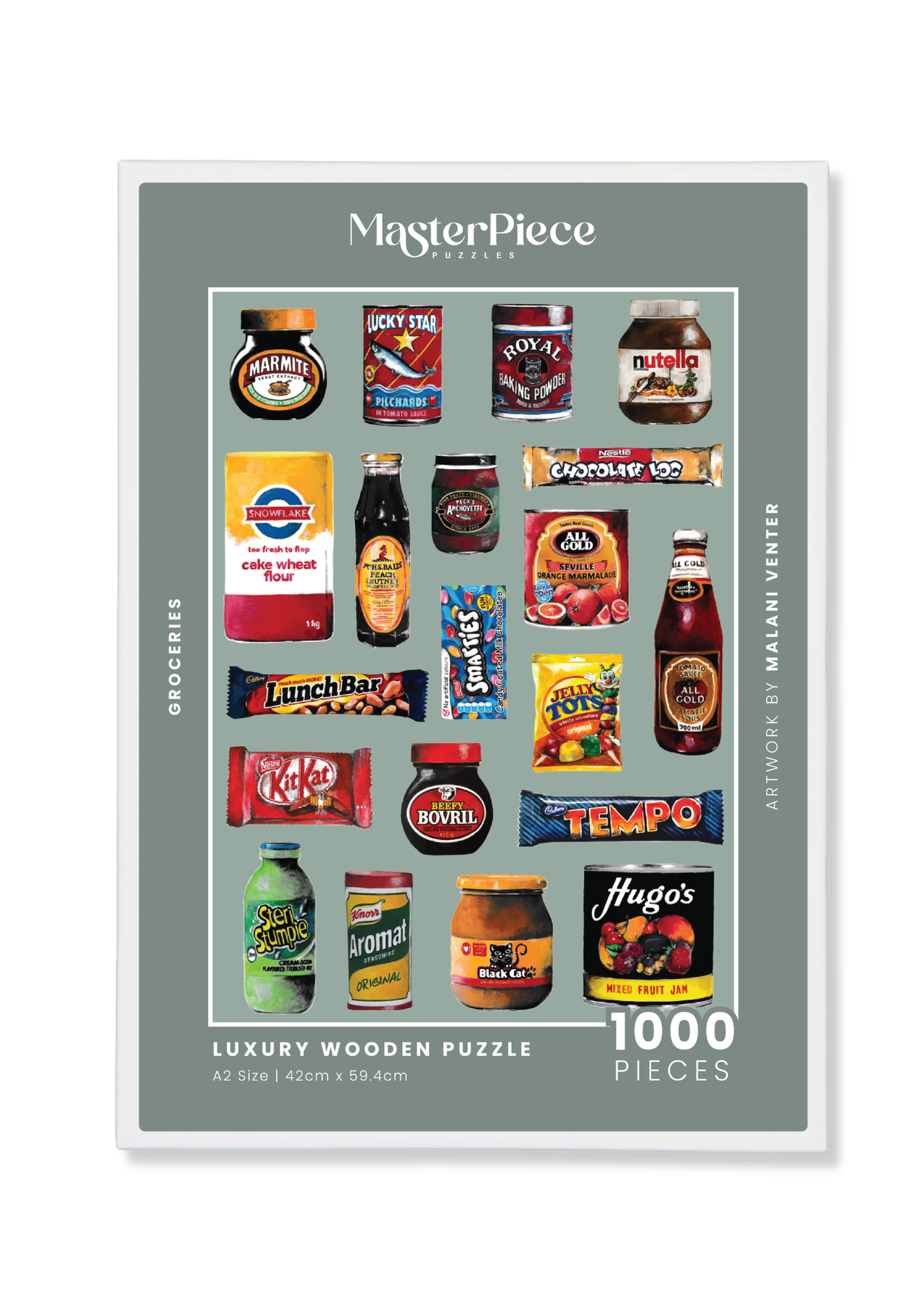 Groceries is a MasterPiece wooden jigsaw puzzle that features a lively acrylic artwork of a colourful array of beloved South African foods, from snacks to staples. Precision-cut from 3mm thick wood and expertly printed, our MasterPiece puzzles offer a tactile and satisfying puzzling experience like no other. They are perfect for proud South Africans, puzzle enthusiasts and anyone looking for a thoughtful gift. 