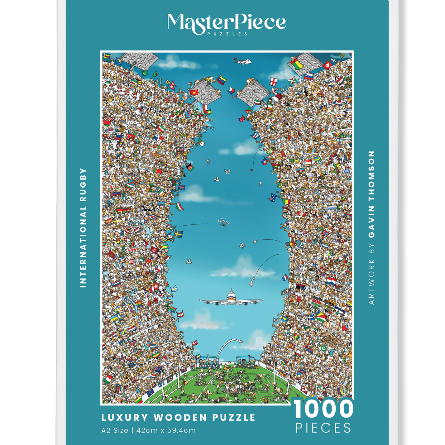 International Rugby is a MasterPiece wooden jigsaw puzzle that is packed with fans and flags representing supporters from every corner of the globe. Precision-cut from 3mm thick wood and expertly printed, our MasterPiece puzzles offer a tactile and satisfying puzzling experience like no other. They are perfect for rugby enthusiasts, art lovers and anyone looking for a thoughtful gift.