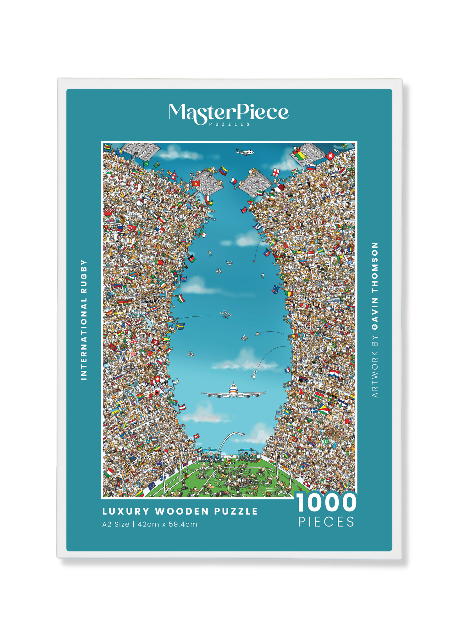 International Rugby is a MasterPiece wooden jigsaw puzzle that is packed with fans and flags representing supporters from every corner of the globe. Precision-cut from 3mm thick wood and expertly printed, our MasterPiece puzzles offer a tactile and satisfying puzzling experience like no other. They are perfect for rugby enthusiasts, art lovers and anyone looking for a thoughtful gift.