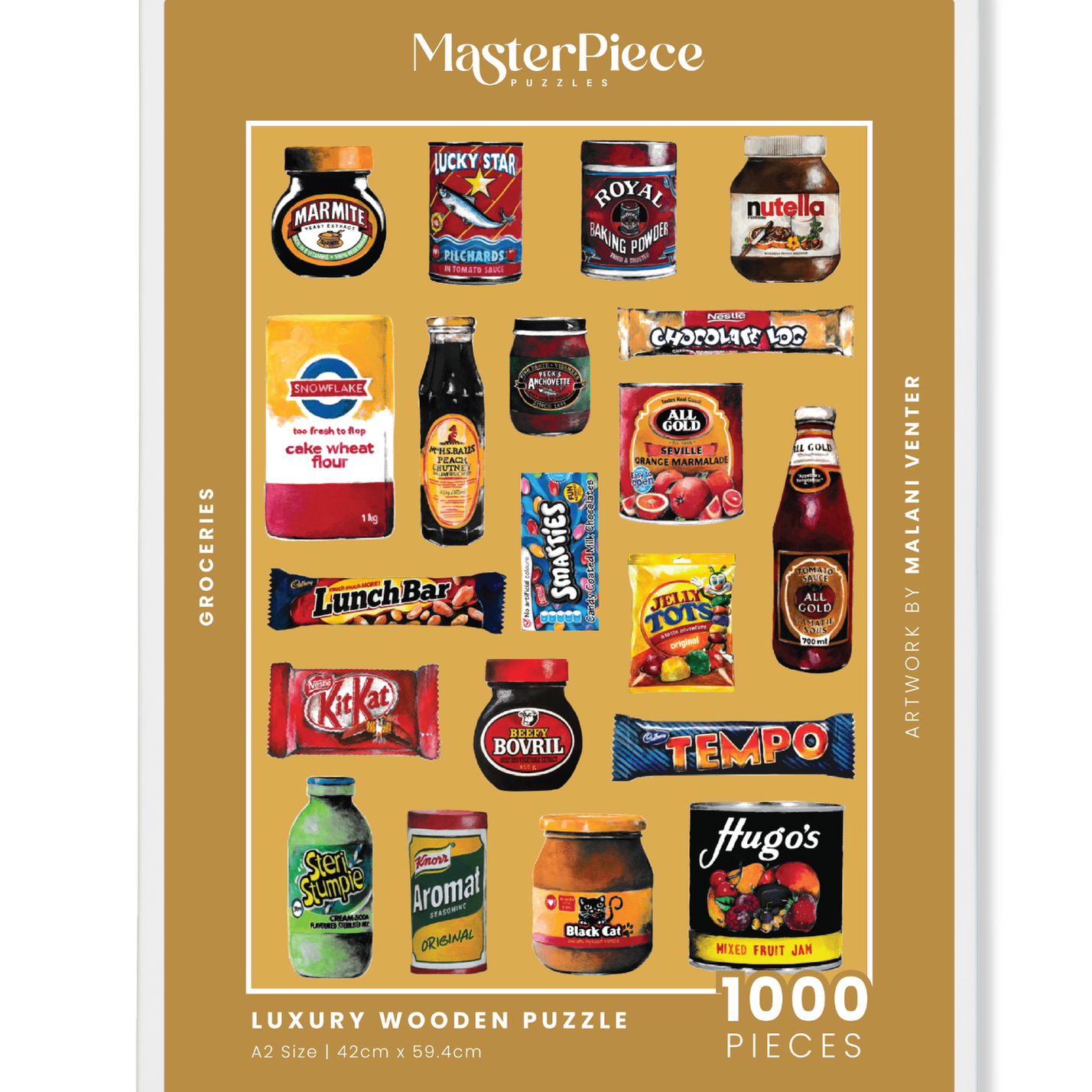 Groceries is a MasterPiece wooden jigsaw puzzle that features a lively acrylic artwork of a colourful array of beloved South African foods, from snacks to staples. Precision-cut from 3mm thick wood and expertly printed, our MasterPiece puzzles offer a tactile and satisfying puzzling experience like no other. They are perfect for proud South Africans, puzzle enthusiasts and anyone looking for a thoughtful gift. 