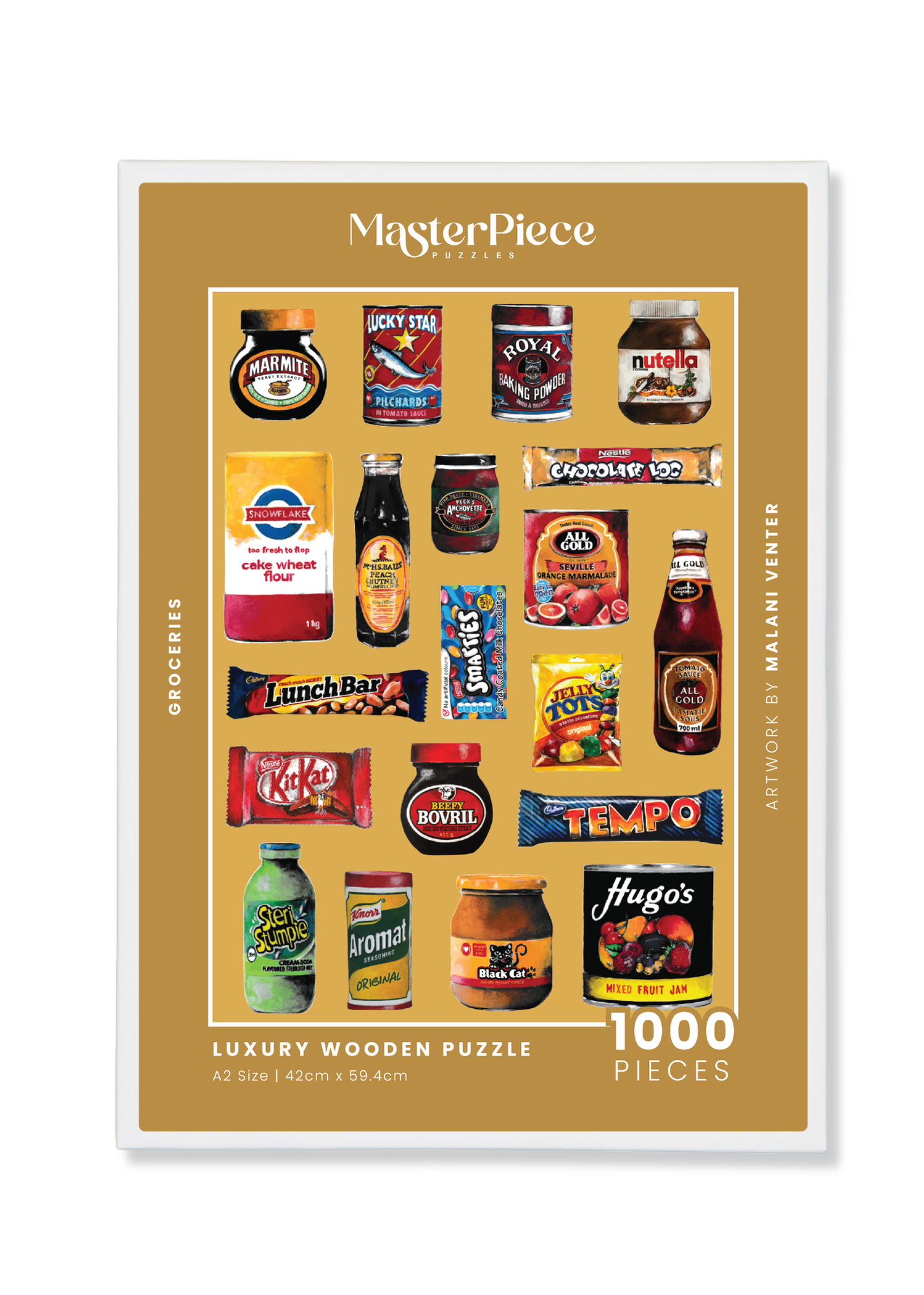 Groceries is a MasterPiece wooden jigsaw puzzle that features a lively acrylic artwork of a colourful array of beloved South African foods, from snacks to staples. Precision-cut from 3mm thick wood and expertly printed, our MasterPiece puzzles offer a tactile and satisfying puzzling experience like no other. They are perfect for proud South Africans, puzzle enthusiasts and anyone looking for a thoughtful gift. 
