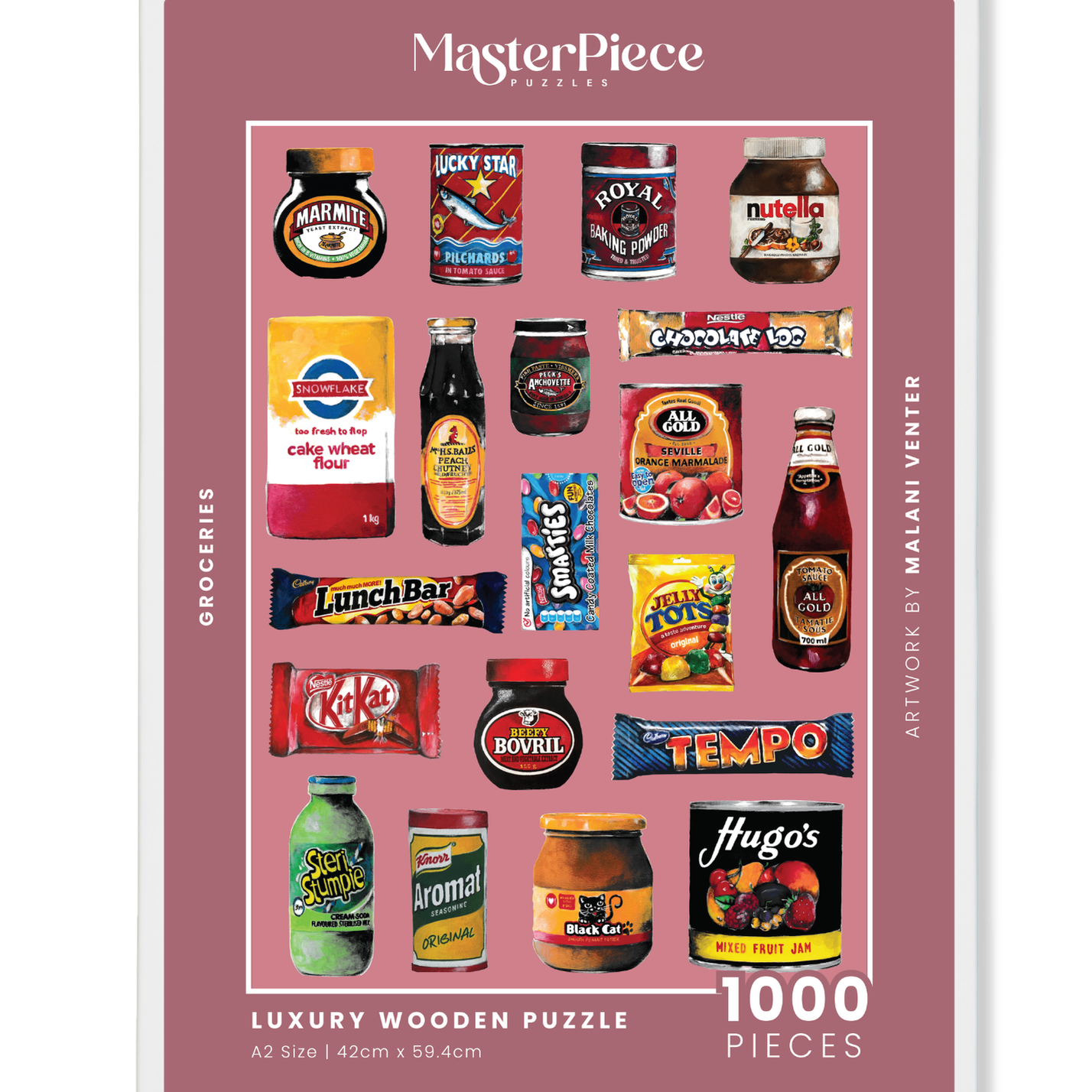 Groceries is a MasterPiece wooden jigsaw puzzle that features a lively acrylic artwork of a colourful array of beloved South African foods, from snacks to staples. Precision-cut from 3mm thick wood and expertly printed, our MasterPiece puzzles offer a tactile and satisfying puzzling experience like no other. They are perfect for proud South Africans, puzzle enthusiasts and anyone looking for a thoughtful gift. 