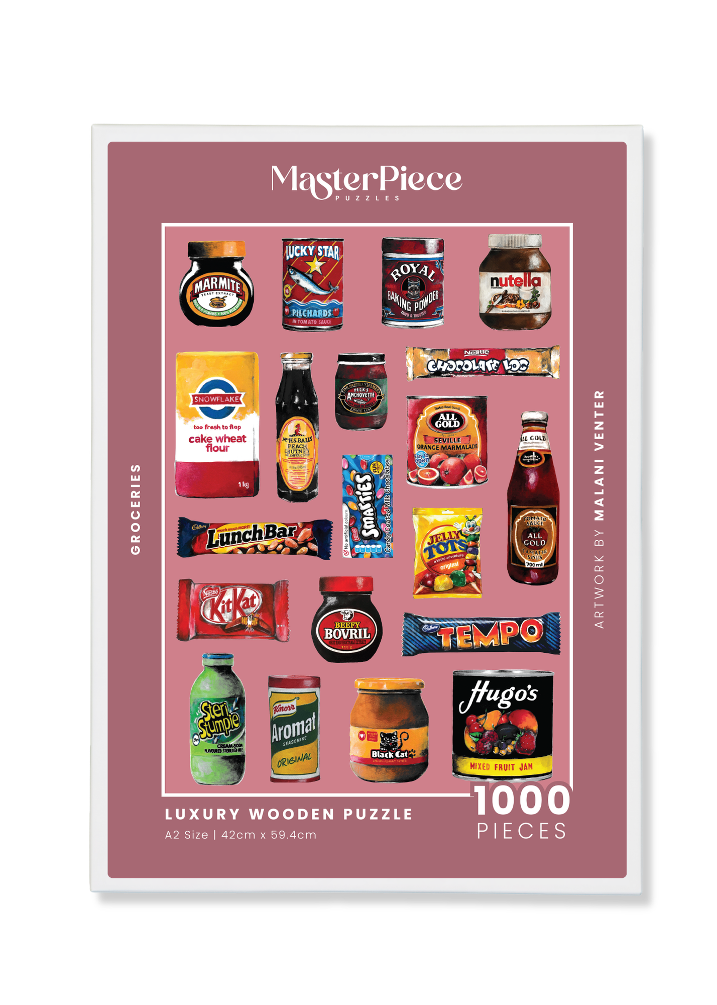 Groceries is a MasterPiece wooden jigsaw puzzle that features a lively acrylic artwork of a colourful array of beloved South African foods, from snacks to staples. Precision-cut from 3mm thick wood and expertly printed, our MasterPiece puzzles offer a tactile and satisfying puzzling experience like no other. They are perfect for proud South Africans, puzzle enthusiasts and anyone looking for a thoughtful gift. 
