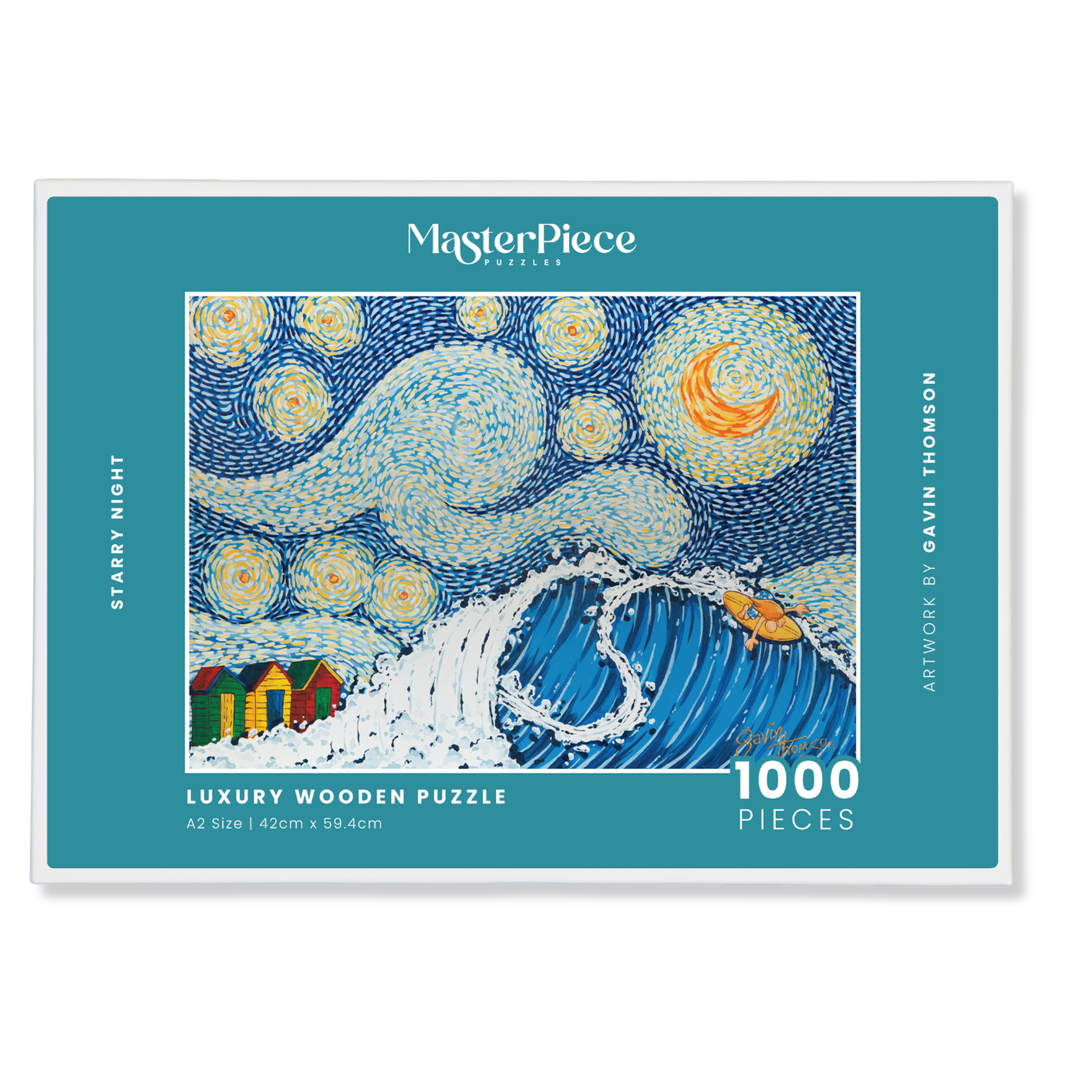 Gavin’s Starry Night brings Muizenberg to your table. One surfer carving a wave under Van Gogh’s swirling sky, with three bright and colourful beach huts in the background.

This is a meditative and visually captivating puzzle, perfect for framing once complete. If you love Muizenberg, surfing or South African coast lines, this is your next puzzle.&nbsp;

Artist: Gavin Thomson. Gavin Thomson is a South African artist with a real feel for character, colour and storytelling. His work makes great prints and ev