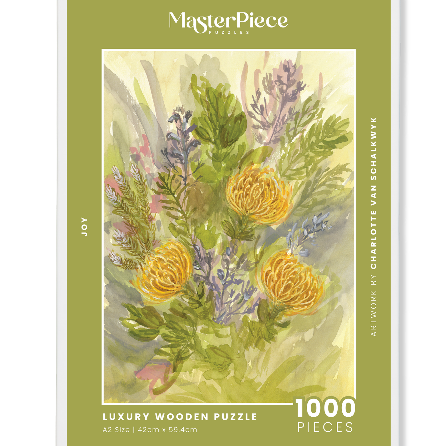 Joy is a MasterPiece wooden jigsaw puzzle that captures the pure joy and beauty of fynbos season. It’s a tribute to the vibrant yellow pincushions and other fynbos species that light up the Western Cape landscape in late winter and spring. Precision-cut from 3mm thick wood and expertly printed, our MasterPiece puzzles offer a tactile and satisfying puzzling experience like no other. They are perfect for art lovers, nature enthusiasts and anyone looking for a thoughtful gift.