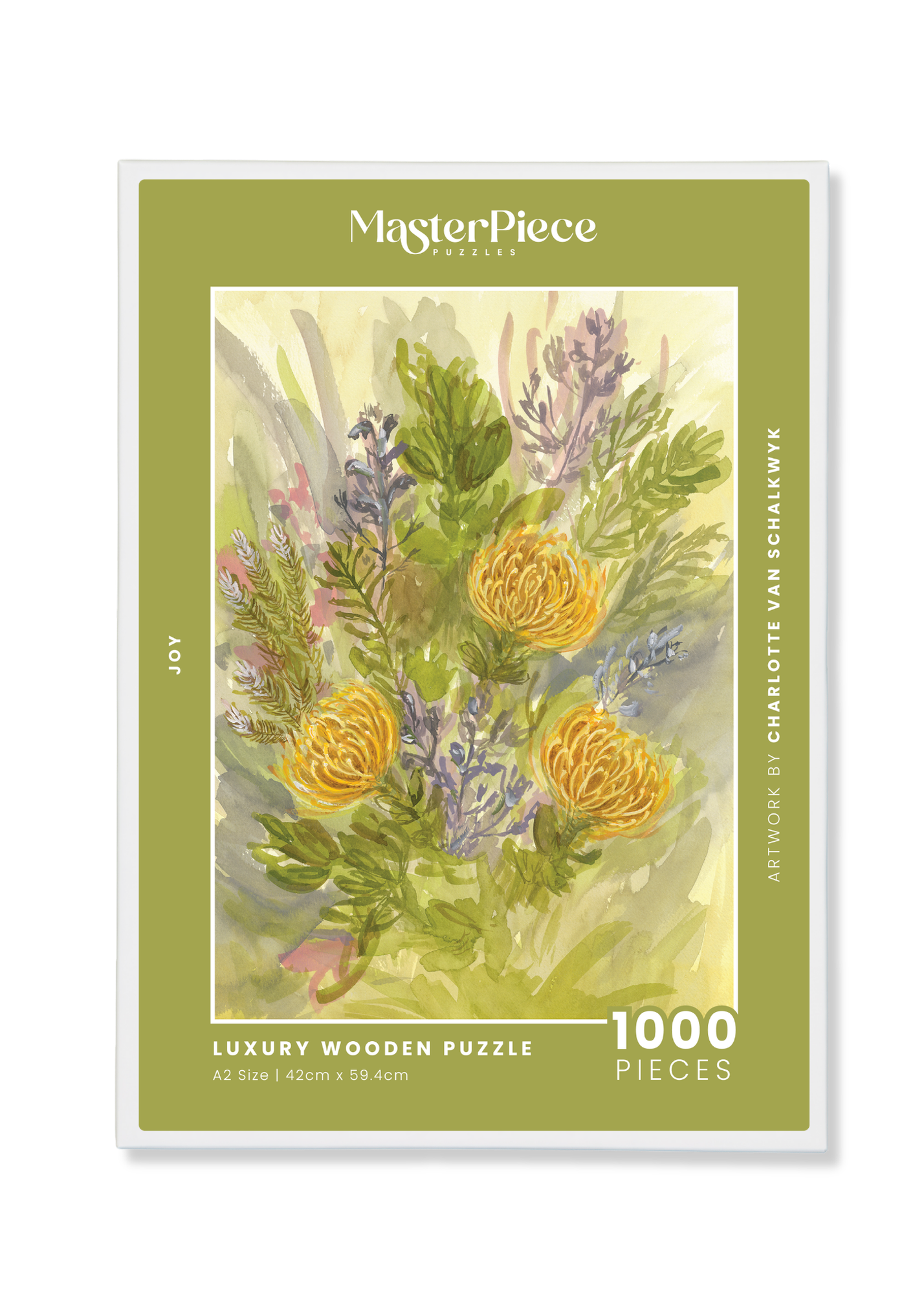 Joy is a MasterPiece wooden jigsaw puzzle that captures the pure joy and beauty of fynbos season. It’s a tribute to the vibrant yellow pincushions and other fynbos species that light up the Western Cape landscape in late winter and spring. Precision-cut from 3mm thick wood and expertly printed, our MasterPiece puzzles offer a tactile and satisfying puzzling experience like no other. They are perfect for art lovers, nature enthusiasts and anyone looking for a thoughtful gift.