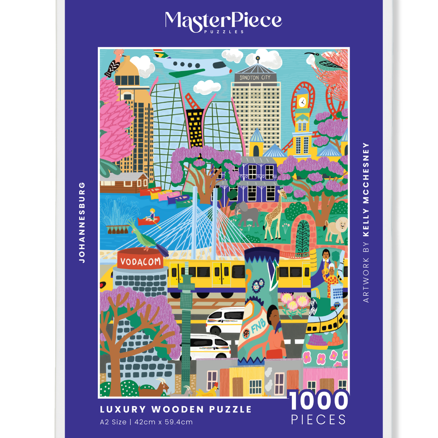 Johannesburg is a MasterPiece wooden jigsaw puzzle of a vibrant, playful portrait of Jozi, where iconic buildings, everyday moments and bursts of colour come together in Kelly McChesney’s unmistakable style.

Precision-cut from 3mm thick wood and expertly printed, our MasterPiece puzzles offer a tactile and satisfying puzzling experience like no other. They are perfect for art lovers, proud South Africans, tourists and anyone looking for a thoughtful gift.