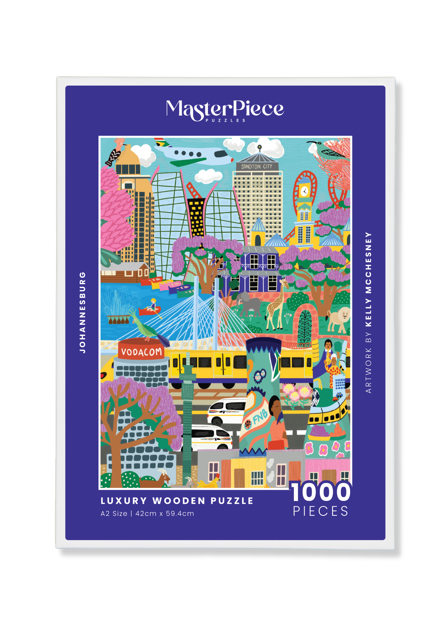 Johannesburg is a MasterPiece wooden jigsaw puzzle of a vibrant, playful portrait of Jozi, where iconic buildings, everyday moments and bursts of colour come together in Kelly McChesney’s unmistakable style.

Precision-cut from 3mm thick wood and expertly printed, our MasterPiece puzzles offer a tactile and satisfying puzzling experience like no other. They are perfect for art lovers, proud South Africans, tourists and anyone looking for a thoughtful gift.