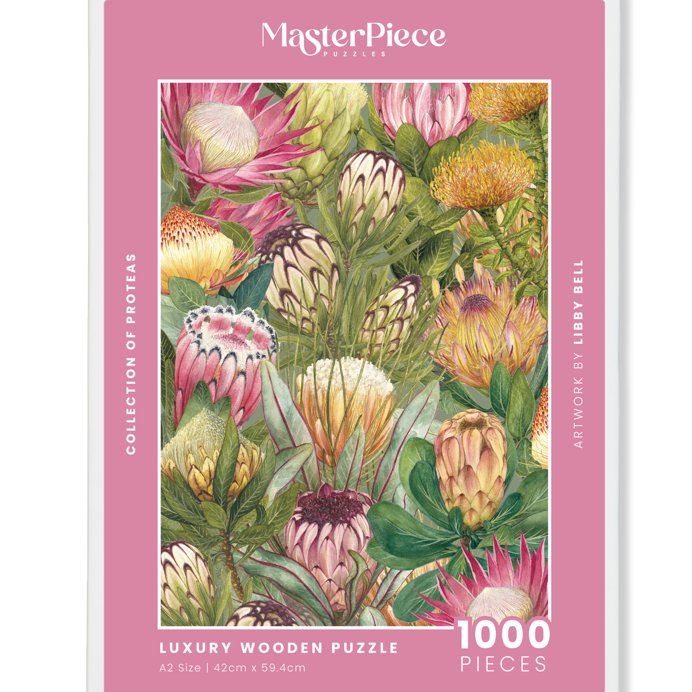 Collection Of Proteas is a MasterPiece wooden jigsaw puzzle that honours South Africa’s famous national flower - the Protea. This vibrant composition is packed with colour and character and is a celebration of local beauty.

Precision-cut from 3mm wood and expertly printed, our MasterPiece puzzles offer a tactile and satisfying puzzling experience like no other. They are perfect for art lovers, nature enthusiasts and anyone looking for a thoughtful gift.