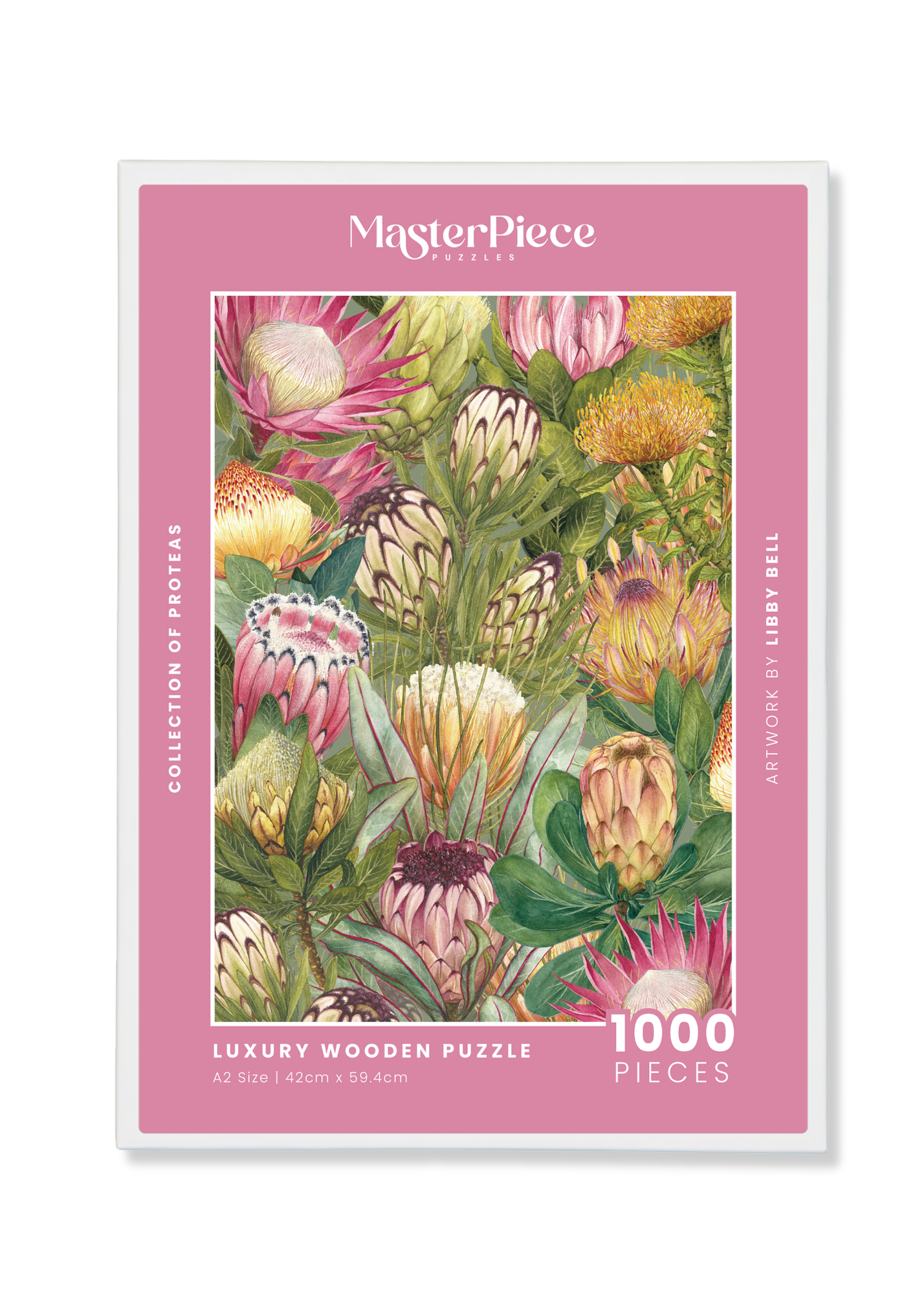 Collection Of Proteas is a MasterPiece wooden jigsaw puzzle that honours South Africa’s famous national flower - the Protea. This vibrant composition is packed with colour and character and is a celebration of local beauty.

Precision-cut from 3mm wood and expertly printed, our MasterPiece puzzles offer a tactile and satisfying puzzling experience like no other. They are perfect for art lovers, nature enthusiasts and anyone looking for a thoughtful gift.