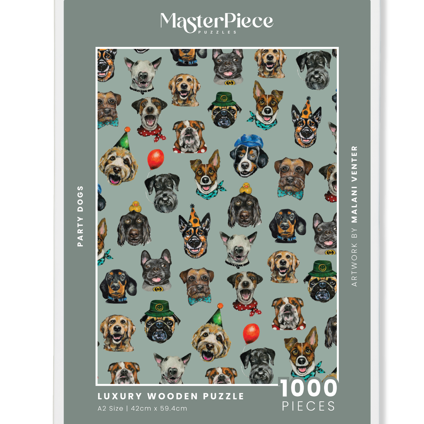 Party Dogs is a MasterPiece wooden jigsaw puzzle that features a playful acrylic artwork of a delightful mix of dog breeds, each sporting fun accessories. Piece together the cheerful chaos, and watch as the charming canine party comes to life.

Precision-cut from 3mm thick wood and expertly printed, our MasterPiece puzzles offer a tactile and satisfying puzzling experience like no other. They are perfect for dog lovers, puzzle enthusiasts and anyone looking for a thoughtful gift. 