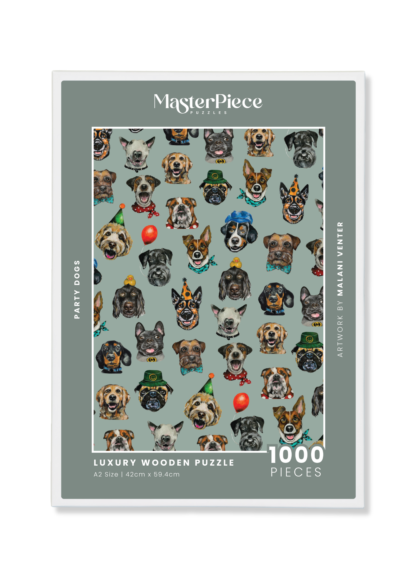 Party Dogs is a MasterPiece wooden jigsaw puzzle that features a playful acrylic artwork of a delightful mix of dog breeds, each sporting fun accessories. Piece together the cheerful chaos, and watch as the charming canine party comes to life.

Precision-cut from 3mm thick wood and expertly printed, our MasterPiece puzzles offer a tactile and satisfying puzzling experience like no other. They are perfect for dog lovers, puzzle enthusiasts and anyone looking for a thoughtful gift. 