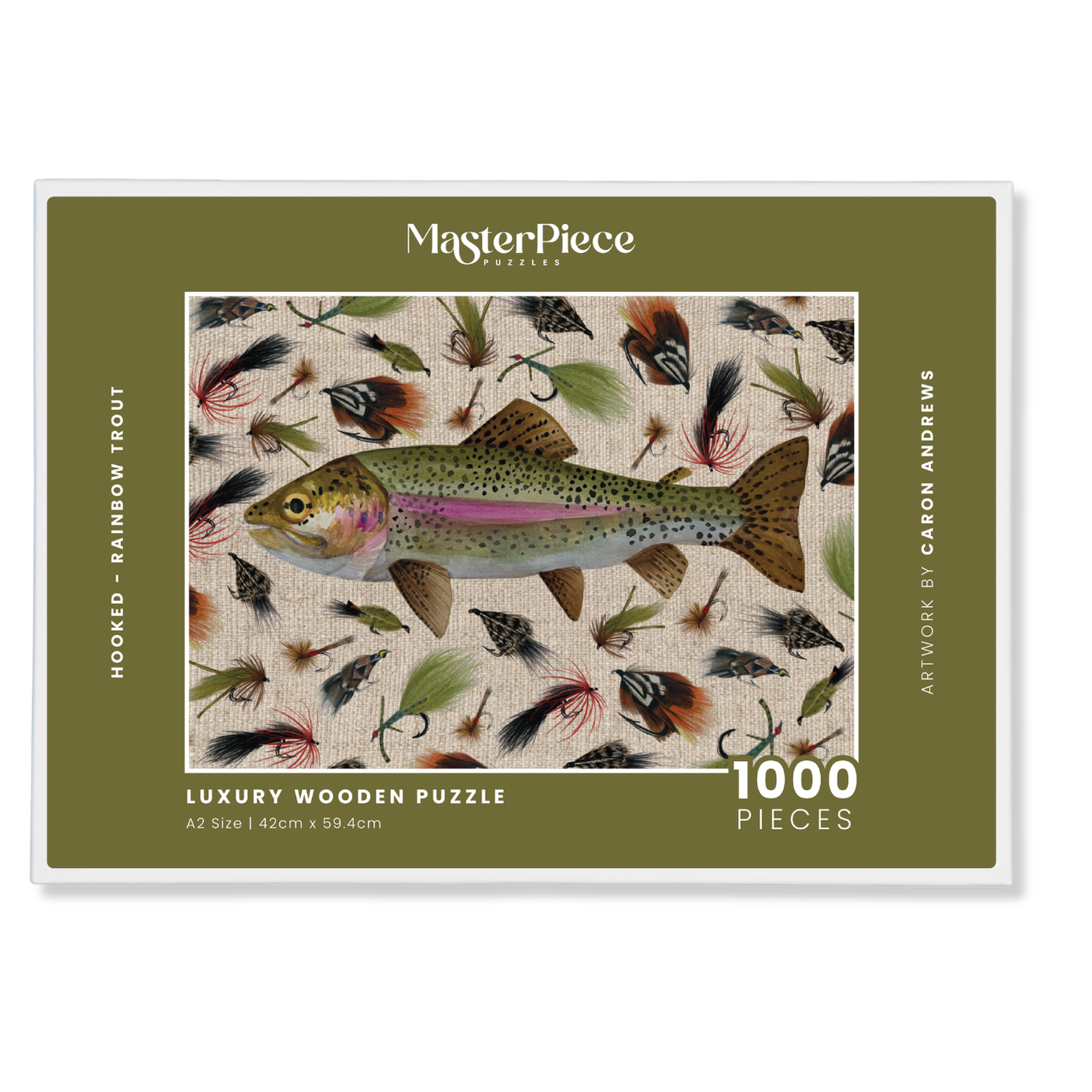Hooked - Rainbow Trout is a MasterPiece wooden jigsaw puzzle that celebrates the art of fly fishing! Precision-cut from 3mm thick wood and expertly printed, our MasterPiece puzzles offer a tactile and satisfying puzzling experience like no other. This puzzle is perfect for fly fishing lovers and anyone looking for a thoughtful gift.