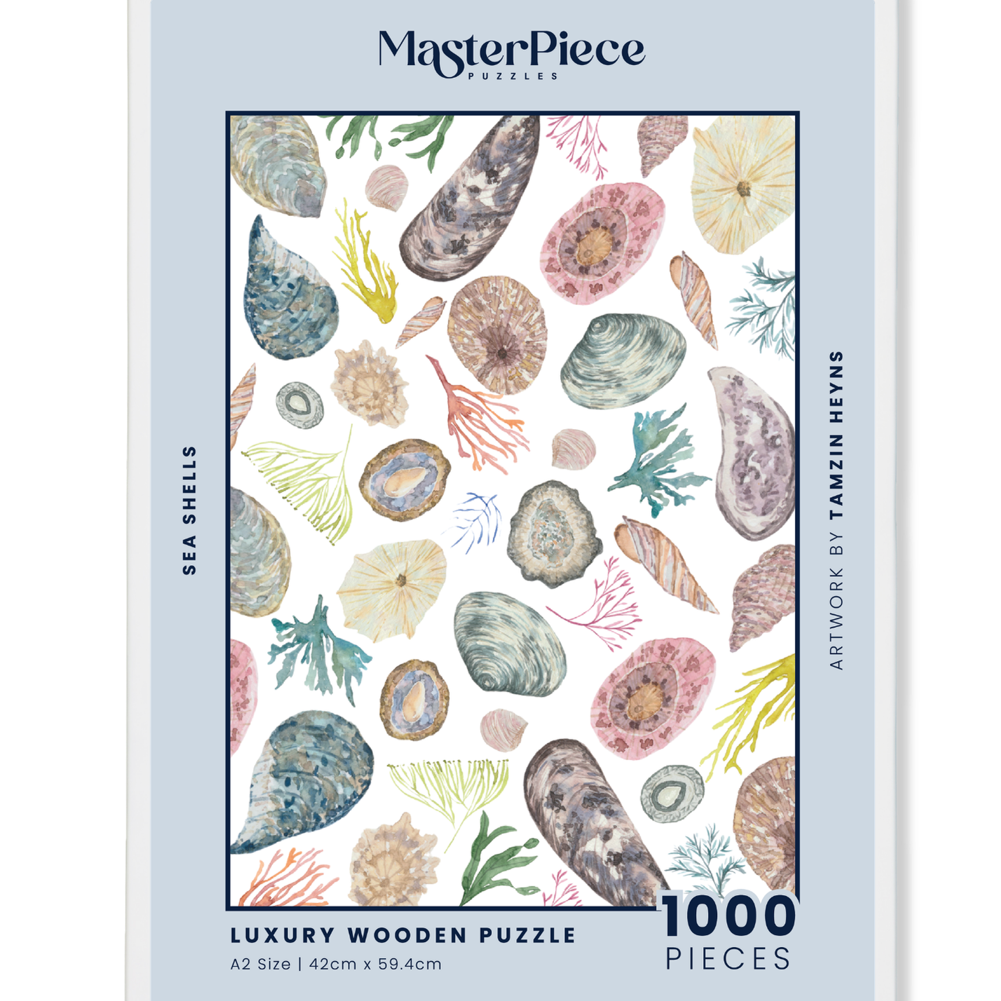 Sea Shells is a MasterPiece wooden jigsaw puzzle that features a delicate watercolour scene of seashells, coral and seaweed. This wooden puzzle transports you to the summer shoreline and can be beautifully framed as a work of art once complete. Precision-cut from 3mm wood and expertly printed, our MasterPiece puzzles offer a tactile and satisfying puzzling experience like no other. They are perfect for art lovers, beach enthusiasts and anyone looking for a thoughtful gift.