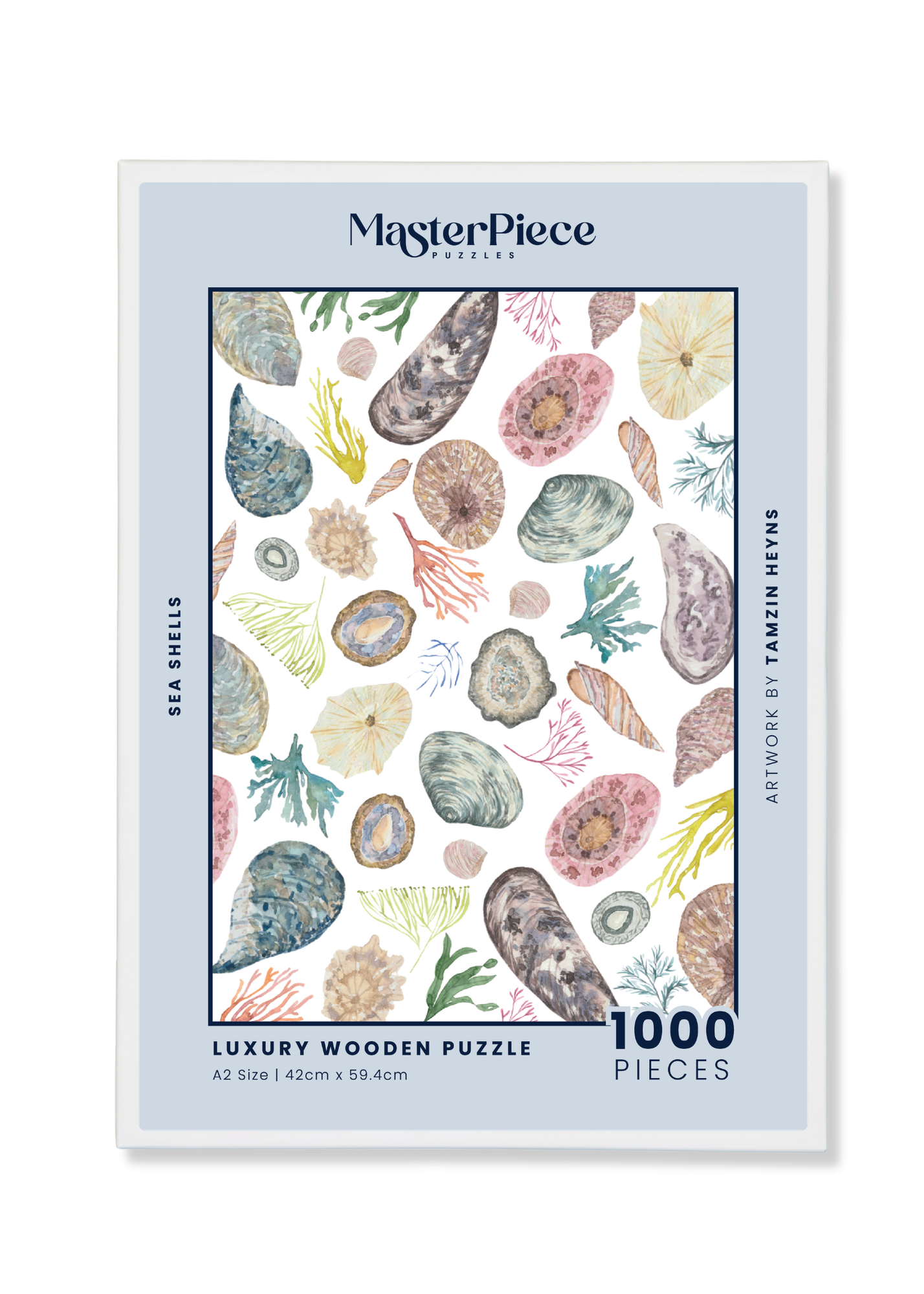 Sea Shells is a MasterPiece wooden jigsaw puzzle that features a delicate watercolour scene of seashells, coral and seaweed. This wooden puzzle transports you to the summer shoreline and can be beautifully framed as a work of art once complete. Precision-cut from 3mm wood and expertly printed, our MasterPiece puzzles offer a tactile and satisfying puzzling experience like no other. They are perfect for art lovers, beach enthusiasts and anyone looking for a thoughtful gift.