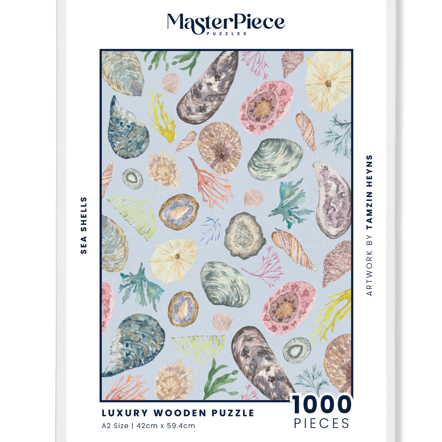 Sea Shells is a MasterPiece wooden jigsaw puzzle that features a delicate watercolour scene of seashells, coral and seaweed. This wooden puzzle transports you to the summer shoreline and can be beautifully framed as a work of art once complete. Precision-cut from 3mm wood and expertly printed, our MasterPiece puzzles offer a tactile and satisfying puzzling experience like no other. They are perfect for art lovers, beach enthusiasts and anyone looking for a thoughtful gift.