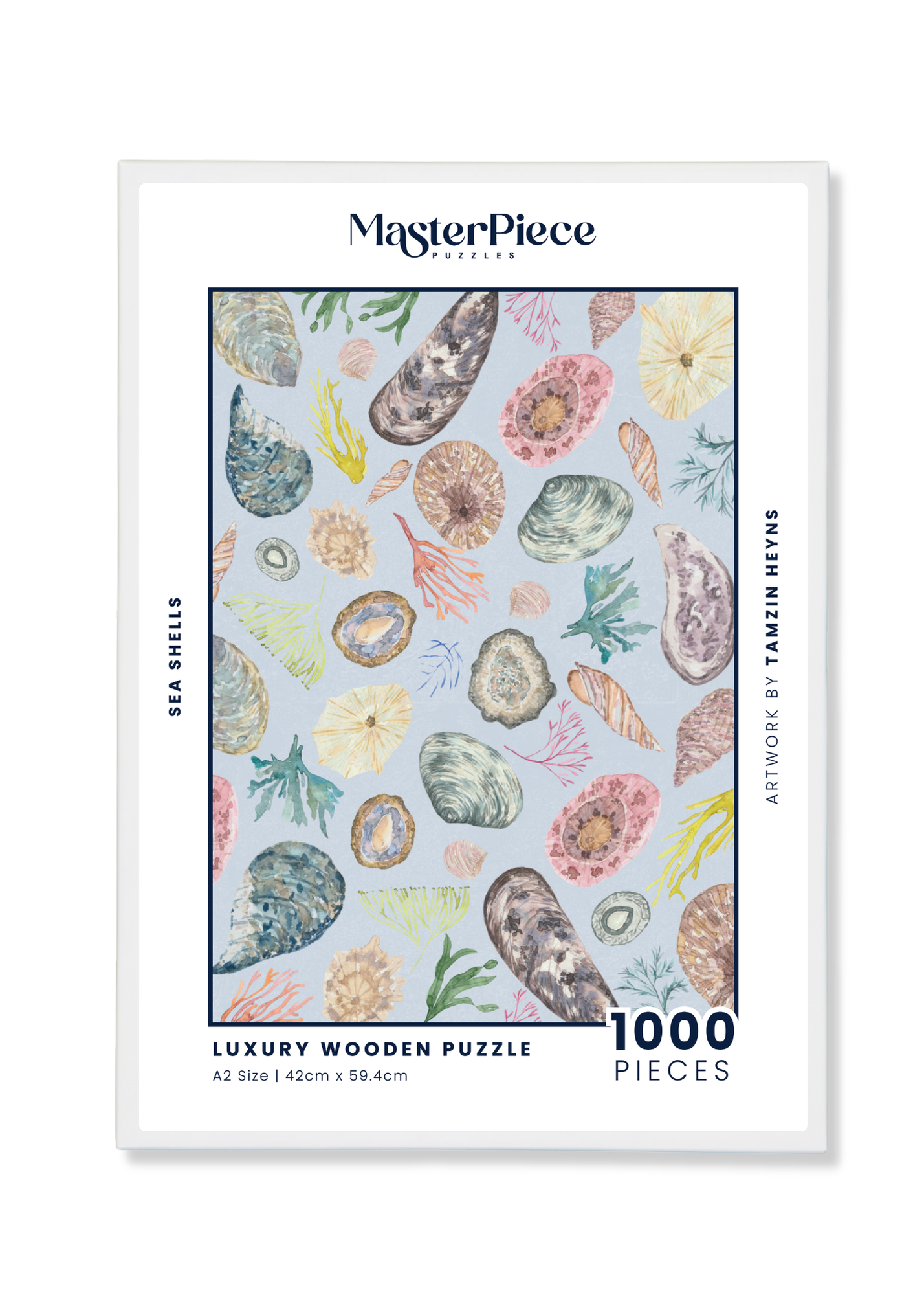 Sea Shells is a MasterPiece wooden jigsaw puzzle that features a delicate watercolour scene of seashells, coral and seaweed. This wooden puzzle transports you to the summer shoreline and can be beautifully framed as a work of art once complete. Precision-cut from 3mm wood and expertly printed, our MasterPiece puzzles offer a tactile and satisfying puzzling experience like no other. They are perfect for art lovers, beach enthusiasts and anyone looking for a thoughtful gift.