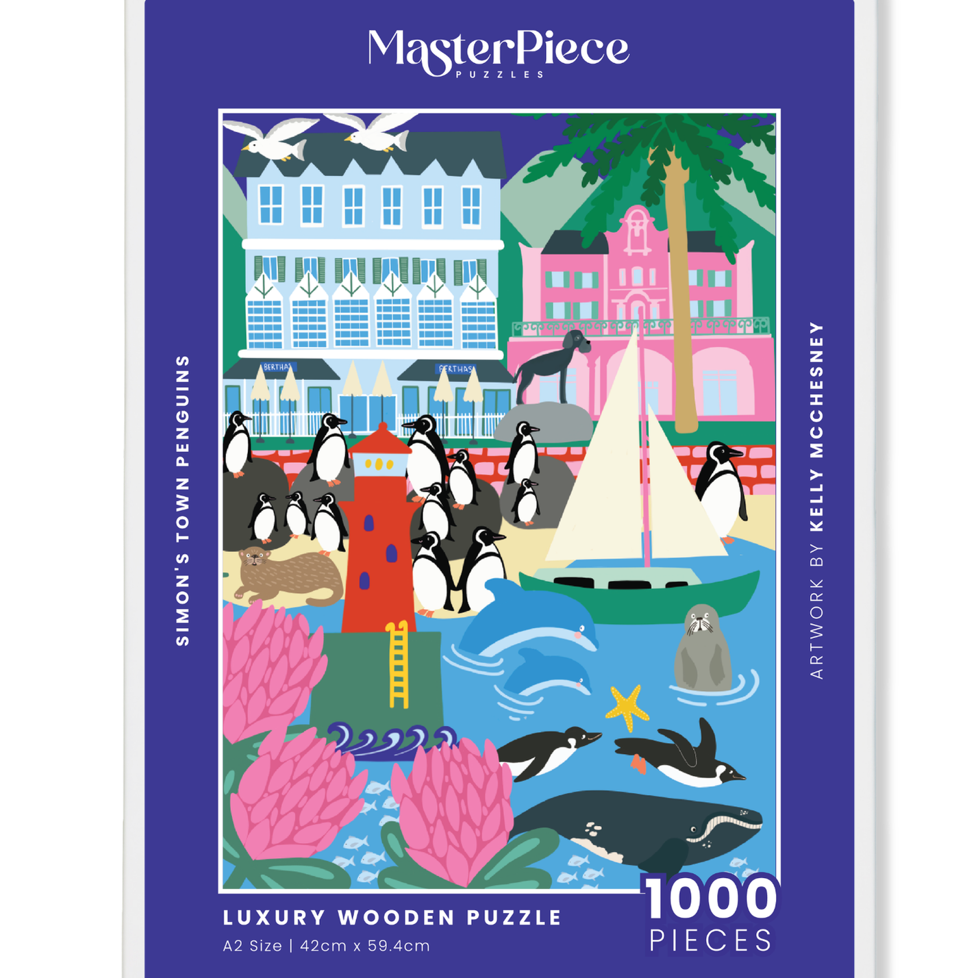 Simon's Town Penguins is a MasterPiece wooden jigsaw puzzle of a vibrant, captivating illustration celebrating the African penguins native to Simon’s Town, South Africa. Precision-cut from 3mm thick wood and expertly printed, our MasterPiece puzzles offer a tactile and satisfying puzzling experience like no other. They are perfect for art lovers, proud South Africans, tourists and anyone looking for a thoughtful gift. 