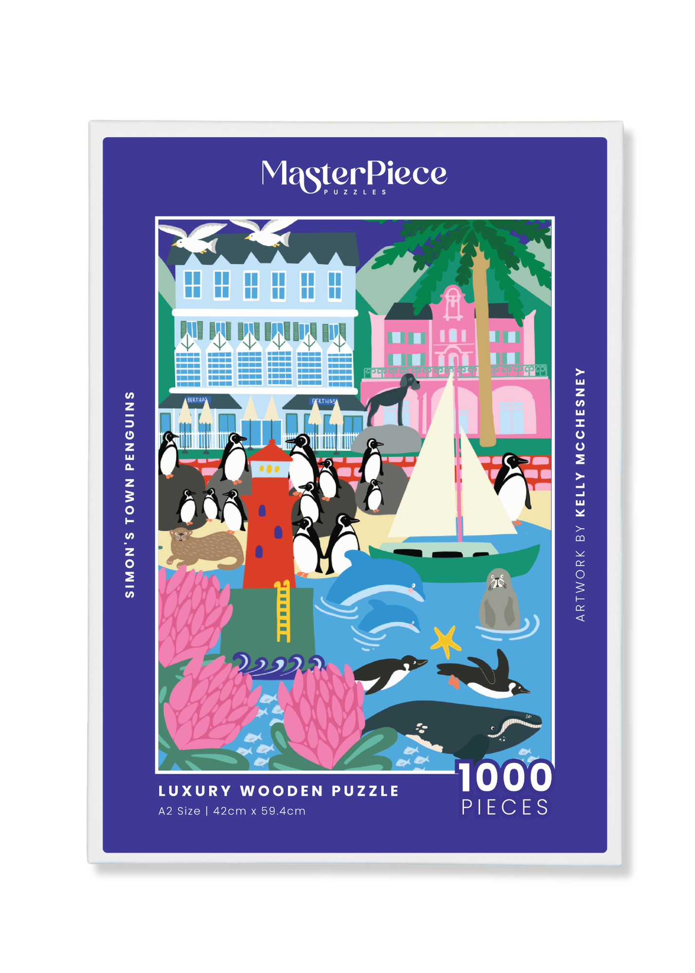 Simon's Town Penguins is a MasterPiece wooden jigsaw puzzle of a vibrant, captivating illustration celebrating the African penguins native to Simon’s Town, South Africa. Precision-cut from 3mm thick wood and expertly printed, our MasterPiece puzzles offer a tactile and satisfying puzzling experience like no other. They are perfect for art lovers, proud South Africans, tourists and anyone looking for a thoughtful gift. 