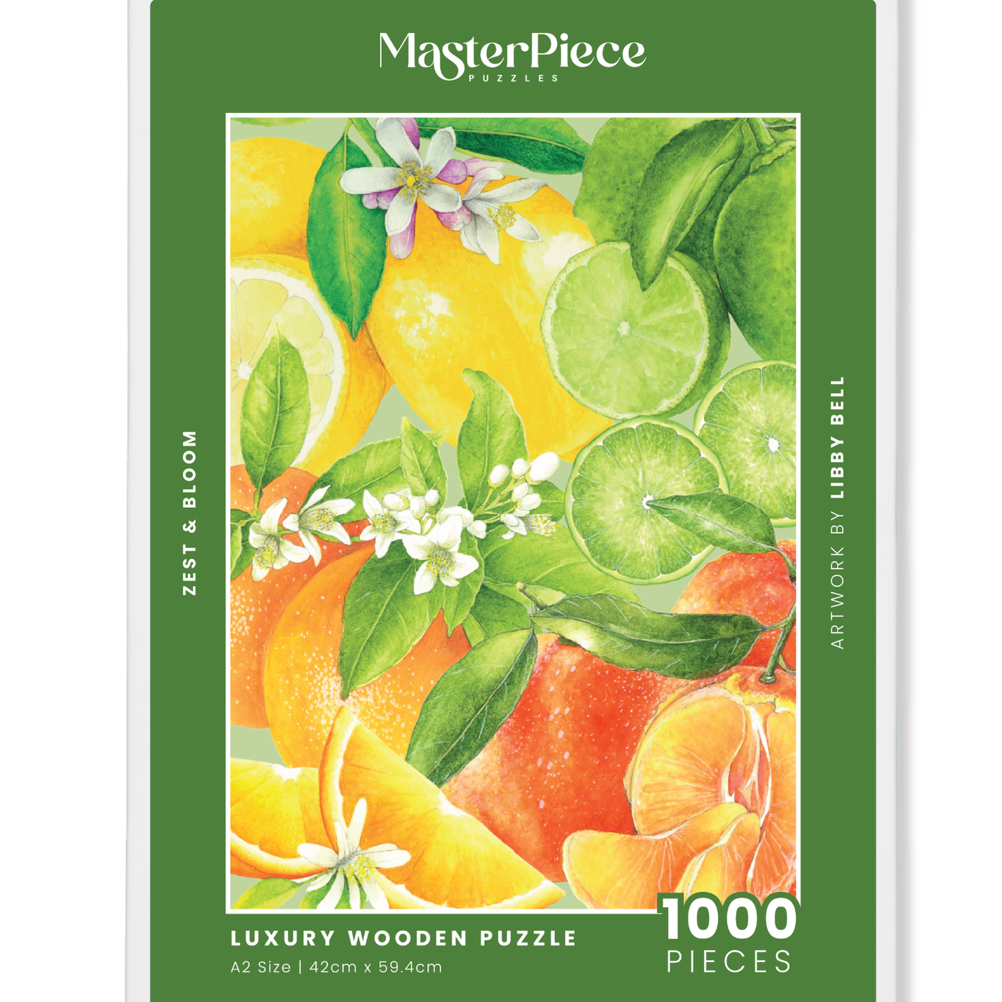 MasterPiece puzzle packaging with citrus fruits and flowers on a green background. MasterPiece luxury wooden puzzle of Libby Bell watercolour artwork of citrus fruits.