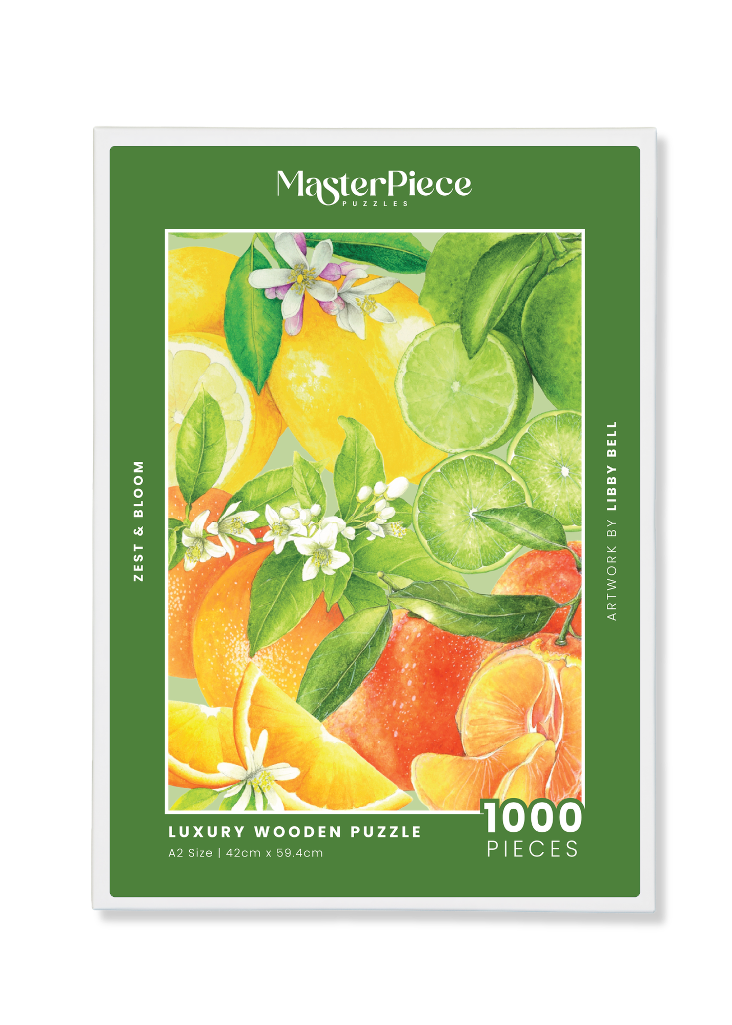 MasterPiece puzzle packaging with citrus fruits and flowers on a green background. MasterPiece luxury wooden puzzle of Libby Bell watercolour artwork of citrus fruits.