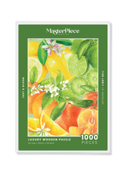 MasterPiece puzzle packaging with citrus fruits and flowers on a green background. MasterPiece luxury wooden puzzle of Libby Bell watercolour artwork of citrus fruits.
