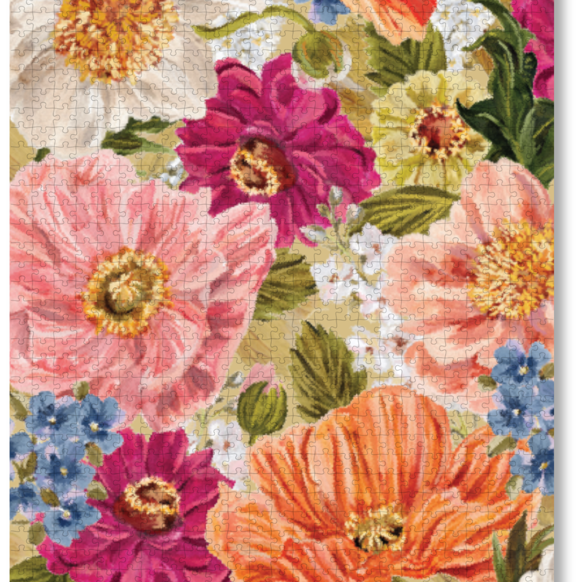 A luxury wooden puzzle of a colorful watercolour painting of flowersby Jess Meyer of Watercolour Heart Illustration.