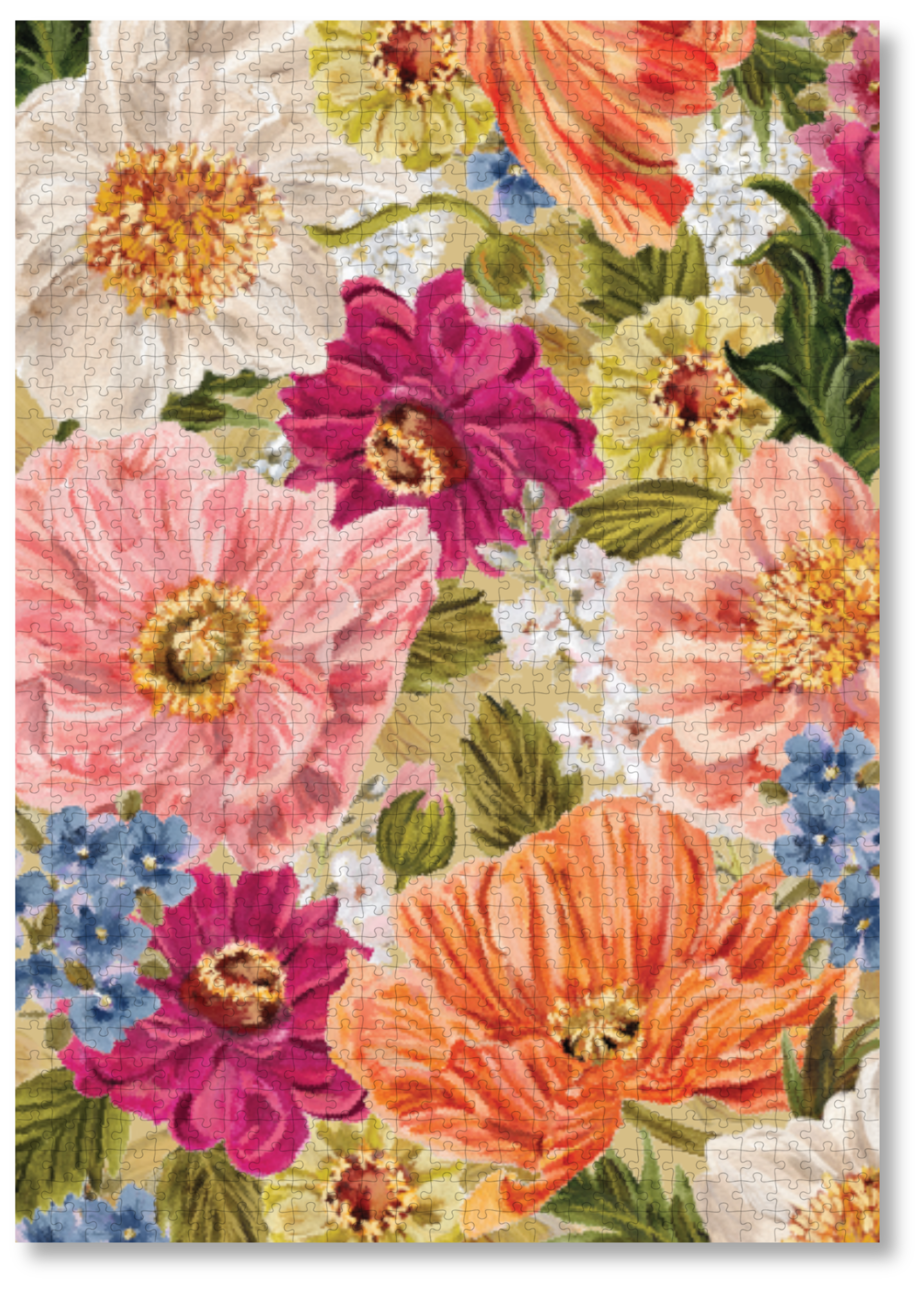 A luxury wooden puzzle of a colorful watercolour painting of flowersby Jess Meyer of Watercolour Heart Illustration.