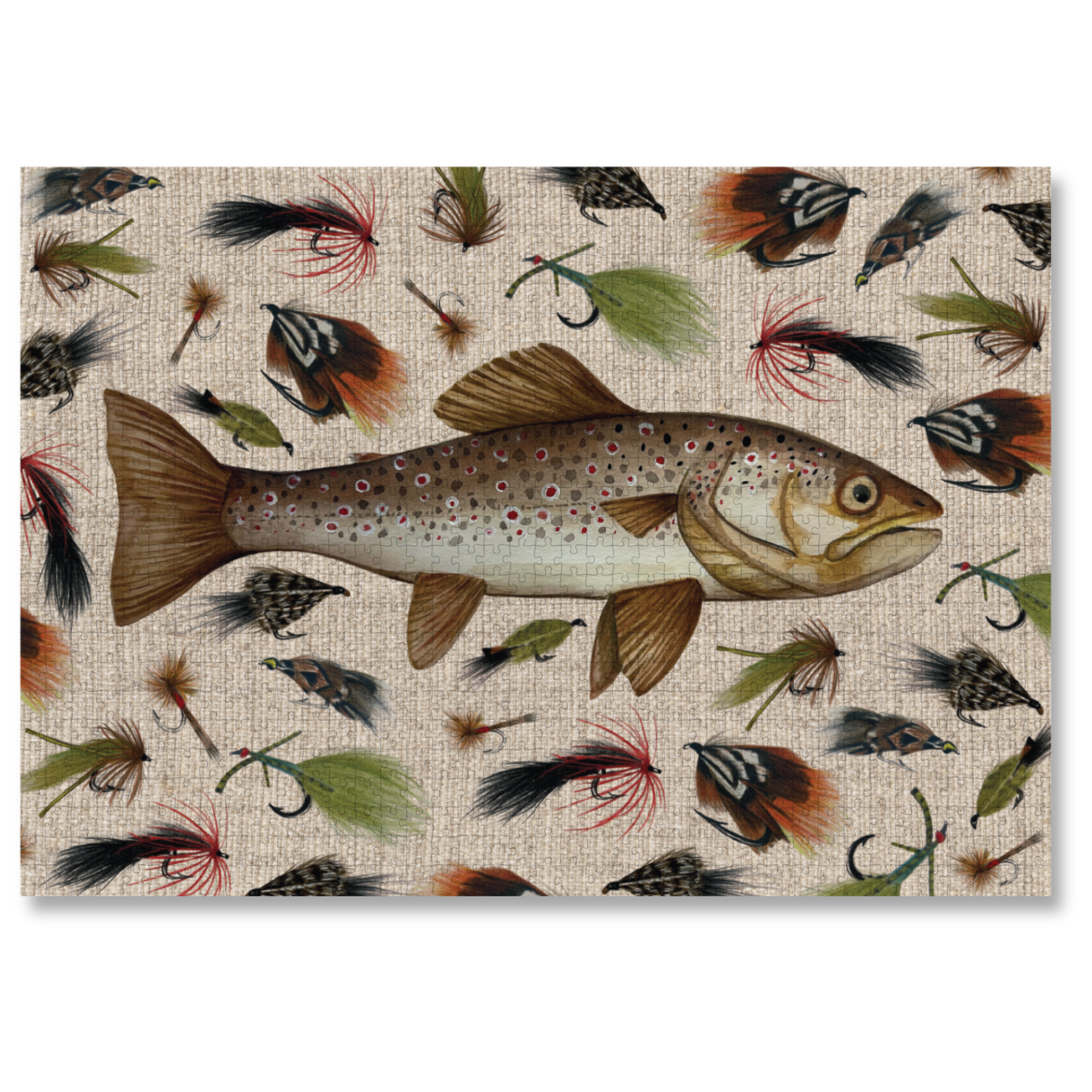 MasterPiece luxury wooden puzzle of a brown trout watercolour and pencil artwork by Caron Andrews. Great for gifting for men who love flyfishing!