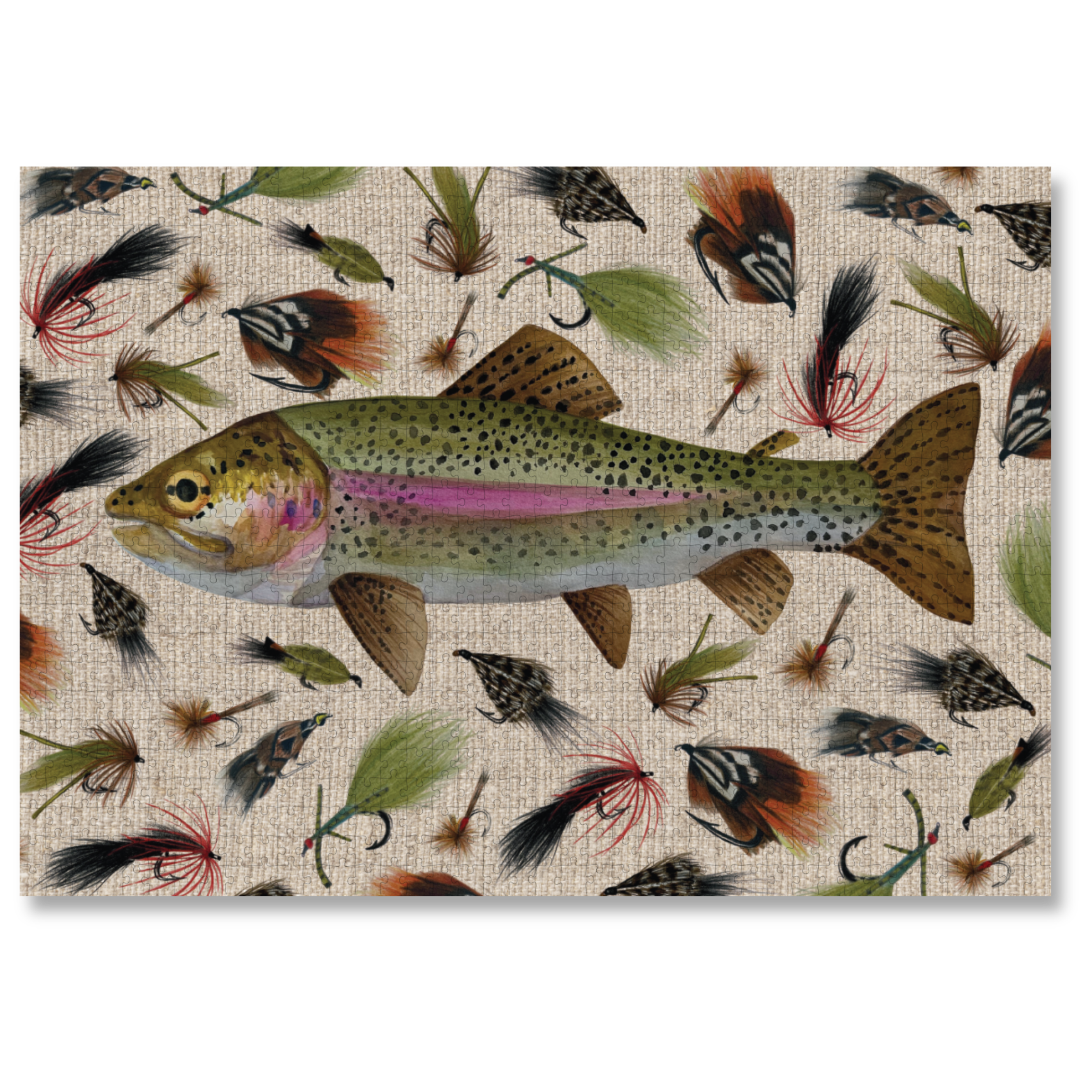 MasterPiece luxury wooden puzzle of a Rainbow trout watercolour and pencil artwork by Caron Andrews. Great for gifting for men who love flyfishing!