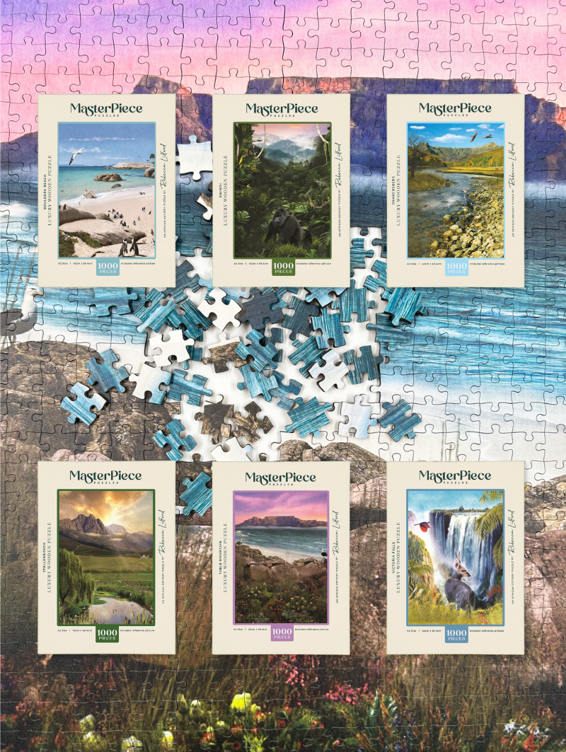 African odyssey wooden puzzle series shown with boxes on a background of the puzzles