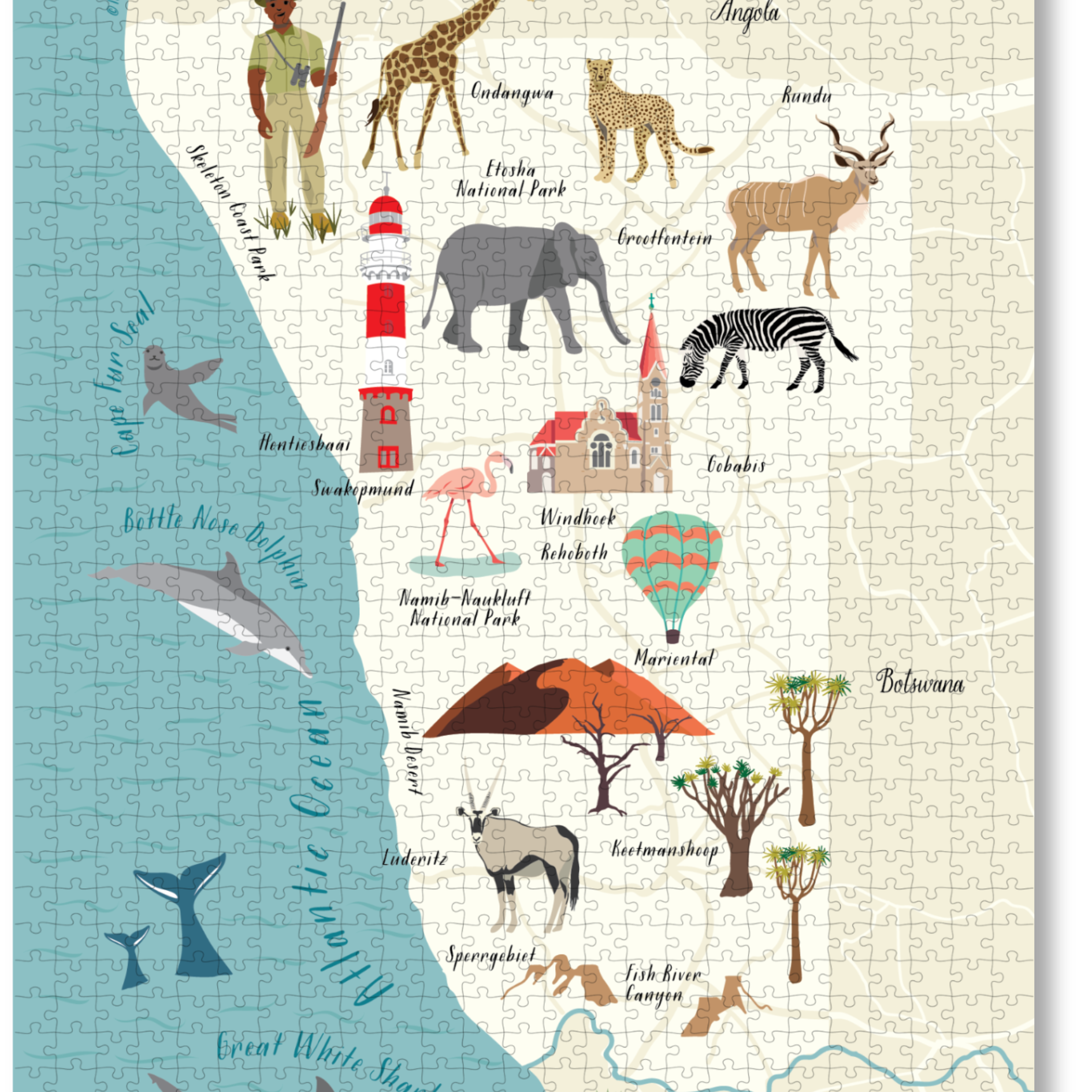 Namibia is a MasterPiece wooden jigsaw puzzle of a beautifully illustrated map that brings the country’s landscapes and stories to life. Learn about Namibia’s ocean life, wildlife and heritage sites as you build this puzzle. 
Precision-cut from 3mm thick wood and expertly printed, our MasterPiece puzzles offer a tactile and satisfying puzzling experience like no other. They are perfect for art enthusiasts, Namibia lovers and anyone looking for a thoughtful gift. 