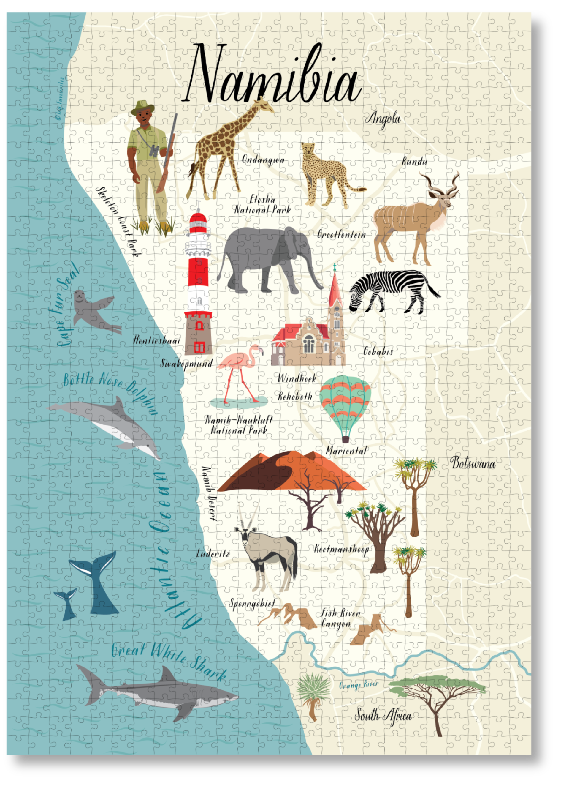 Namibia is a MasterPiece wooden jigsaw puzzle of a beautifully illustrated map that brings the country’s landscapes and stories to life. Learn about Namibia’s ocean life, wildlife and heritage sites as you build this puzzle. 
Precision-cut from 3mm thick wood and expertly printed, our MasterPiece puzzles offer a tactile and satisfying puzzling experience like no other. They are perfect for art enthusiasts, Namibia lovers and anyone looking for a thoughtful gift. 