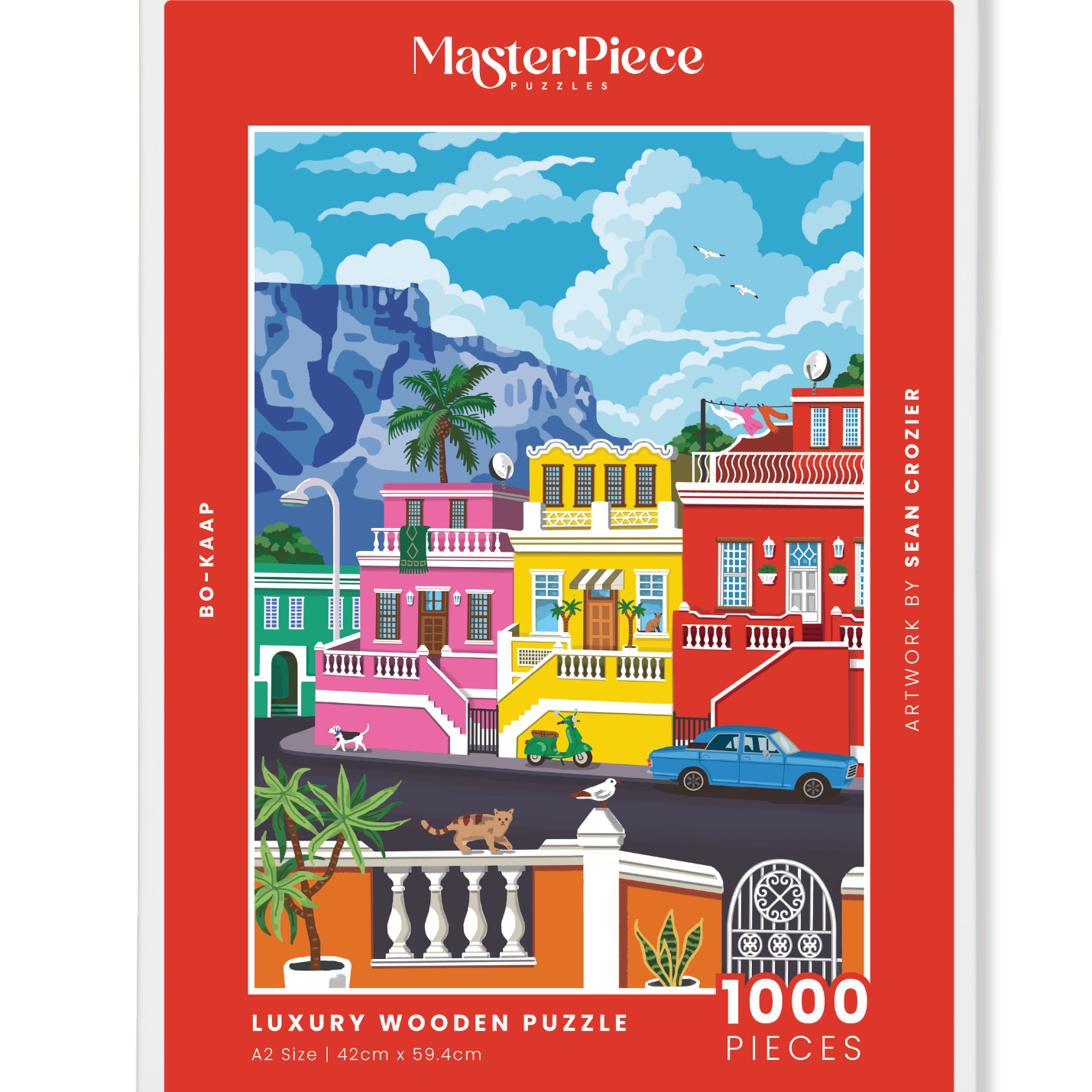 Bo-Kaap is a MasterPiece wooden jigsaw puzzle featuring&nbsp;a vibrant illustration of the iconic colourful homes beneath Table Mountain. Bold colours beautifully capture the charm and character of one of South Africa’s most beloved neighbourhoods.