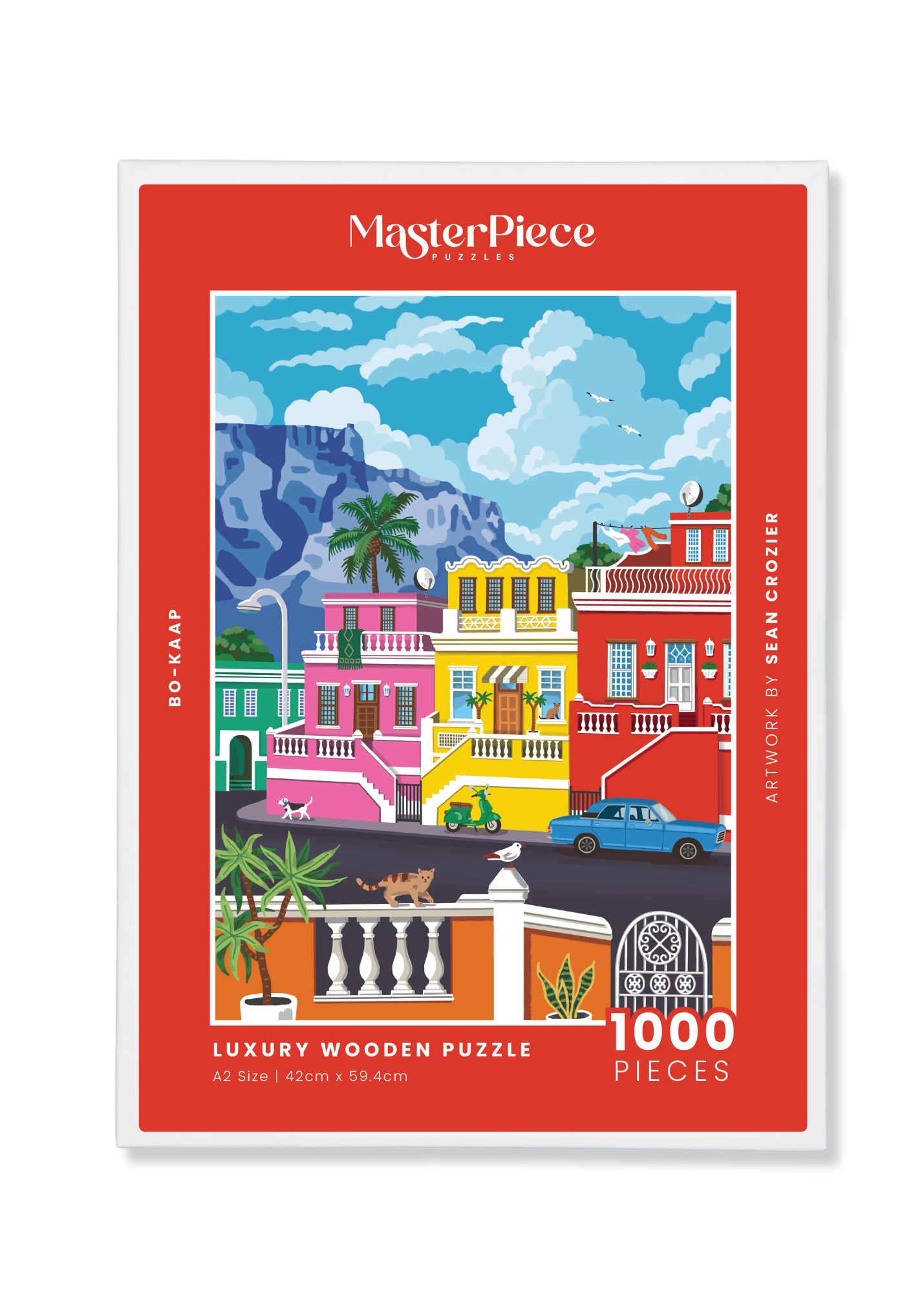 Bo-Kaap is a MasterPiece wooden jigsaw puzzle featuring&nbsp;a vibrant illustration of the iconic colourful homes beneath Table Mountain. Bold colours beautifully capture the charm and character of one of South Africa’s most beloved neighbourhoods.