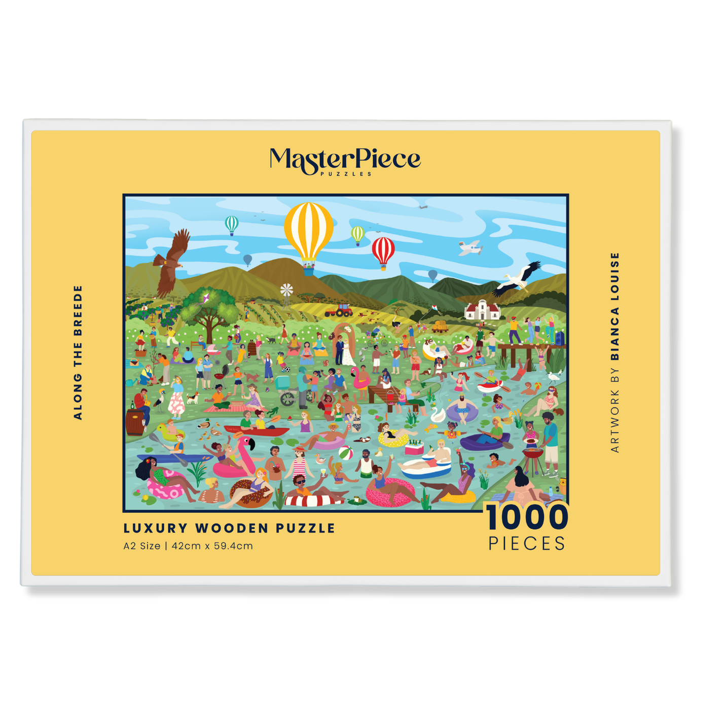 Along The Breede is a premium wooden jigsaw puzzle that features a vibrant and playful illustration that captures the energy of a summer day along the Breede river in the Western Cape. Bursting with intricate details, this puzzle is as fun to explore as it is to complete. This puzzle is ideal for adults, art lovers and gift buyers.