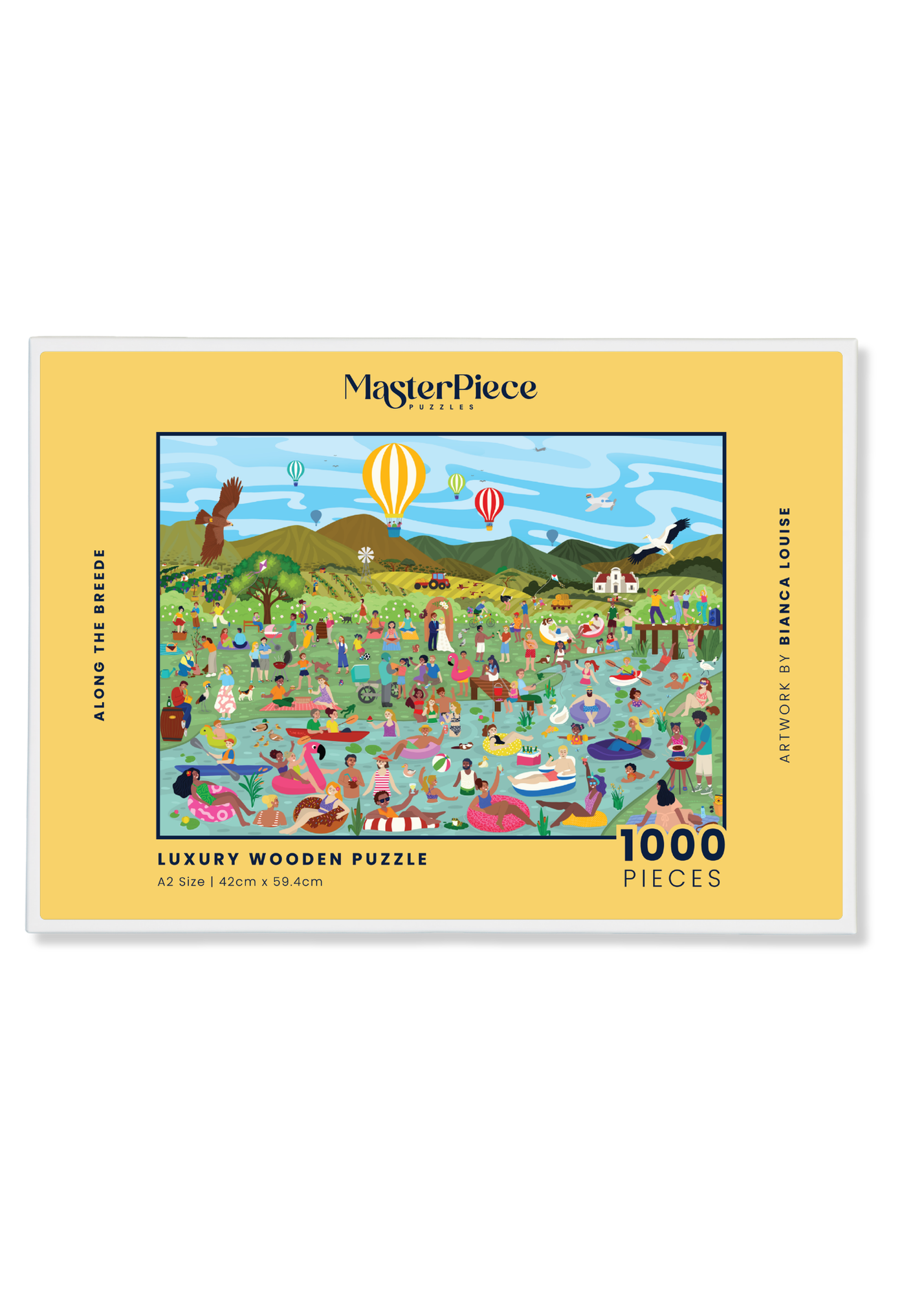 Along The Breede is a premium wooden jigsaw puzzle that features a vibrant and playful illustration that captures the energy of a summer day along the Breede river in the Western Cape. Bursting with intricate details, this puzzle is as fun to explore as it is to complete. This puzzle is ideal for adults, art lovers and gift buyers.